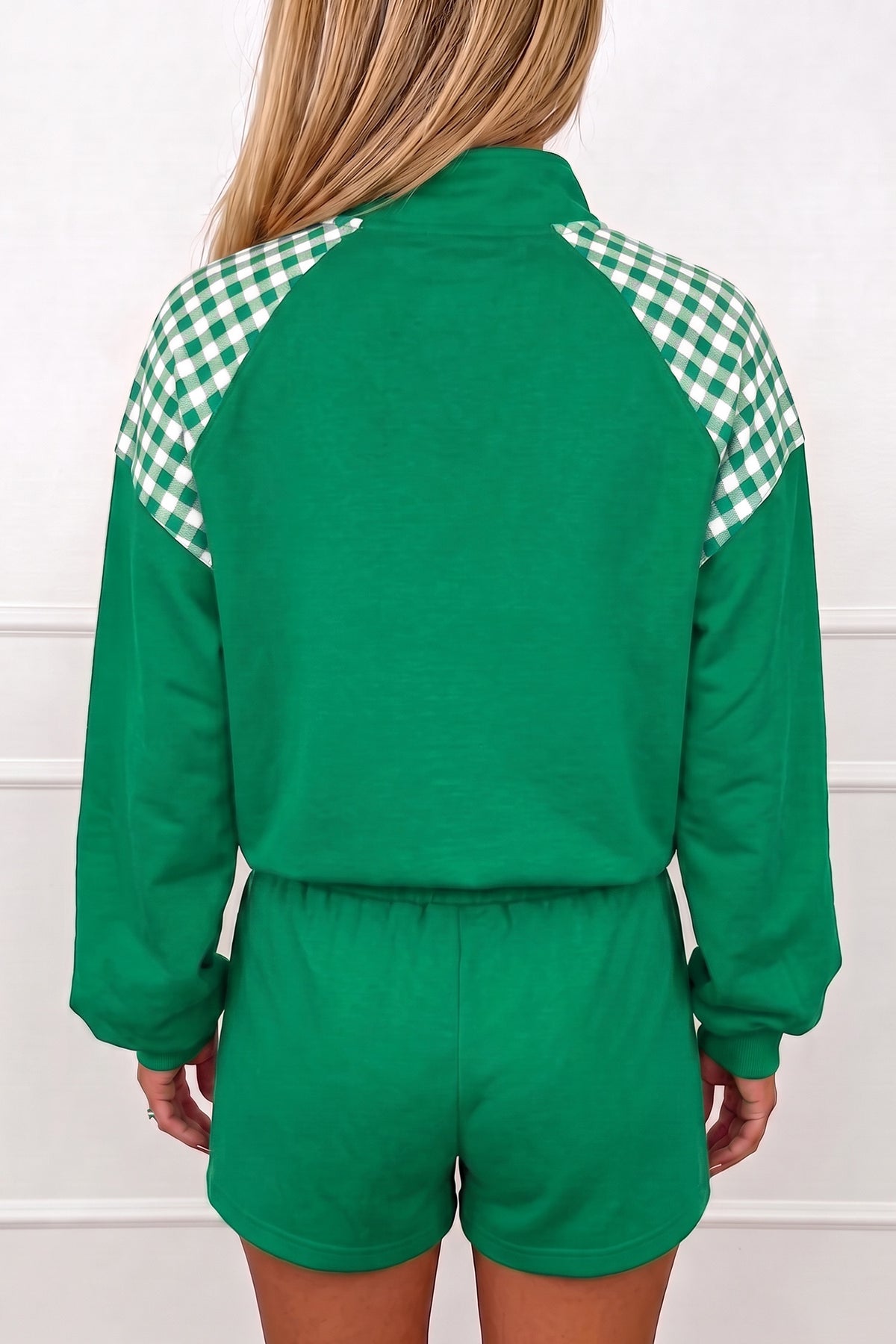 Bright Green Plaid Patchwork Half Zip Pullover Drawstring Short Set