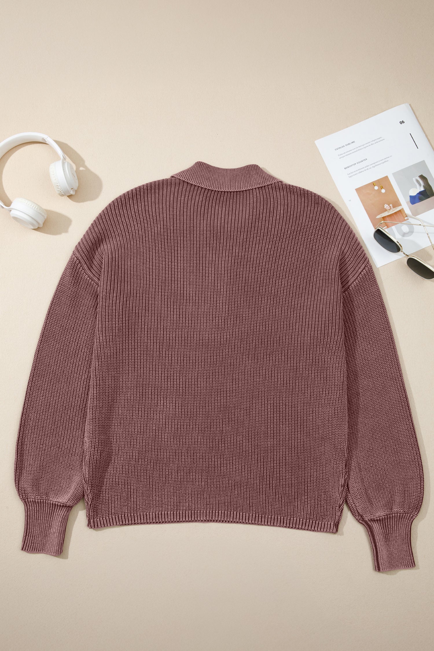 Dark Brown Mineral Washed Knit Button Polo Collar Loose Sweater-TOPS / DRESSES-[Adult]-[Female]-2022 Online Blue Zone Planet