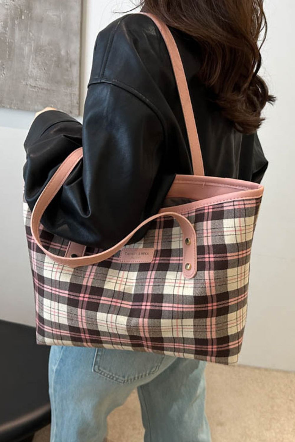 Plaid PU Leather Tote Bag-HANDBAGS-[Adult]-[Female]-2022 Online Blue Zone Planet