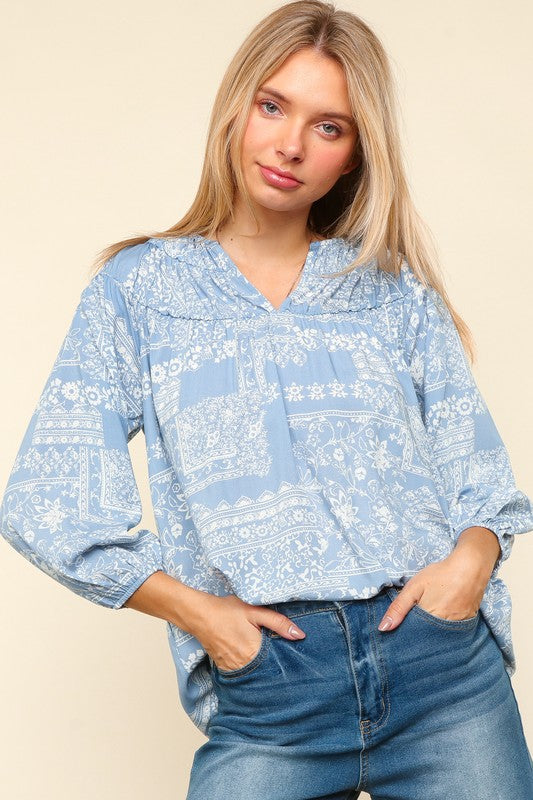 Haptics Full Size Printed Notched Balloon Sleeve Blouse-TOPS / DRESSES-[Adult]-[Female]-Light Blue-S-2022 Online Blue Zone Planet