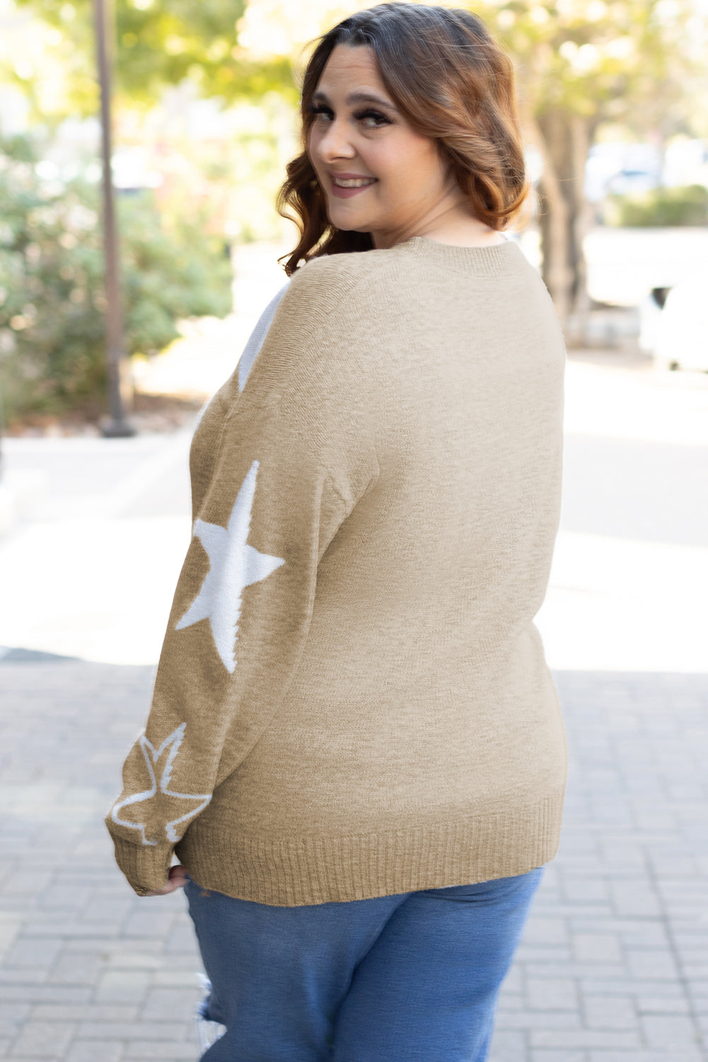 Blue Zone Planet | Khaki Star Pattern Drop Shoulder Plus Size Sweater-Plus Size/Plus Size Sweaters & Cardigans-[Adult]-[Female]-2022 Online Blue Zone Planet