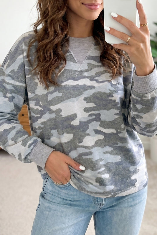Multicolour Camouflage Long Sleeve Round Neck Shift Pullover Top-Tops/Long Sleeve Tops-[Adult]-[Female]-Multicolour-S-2022 Online Blue Zone Planet