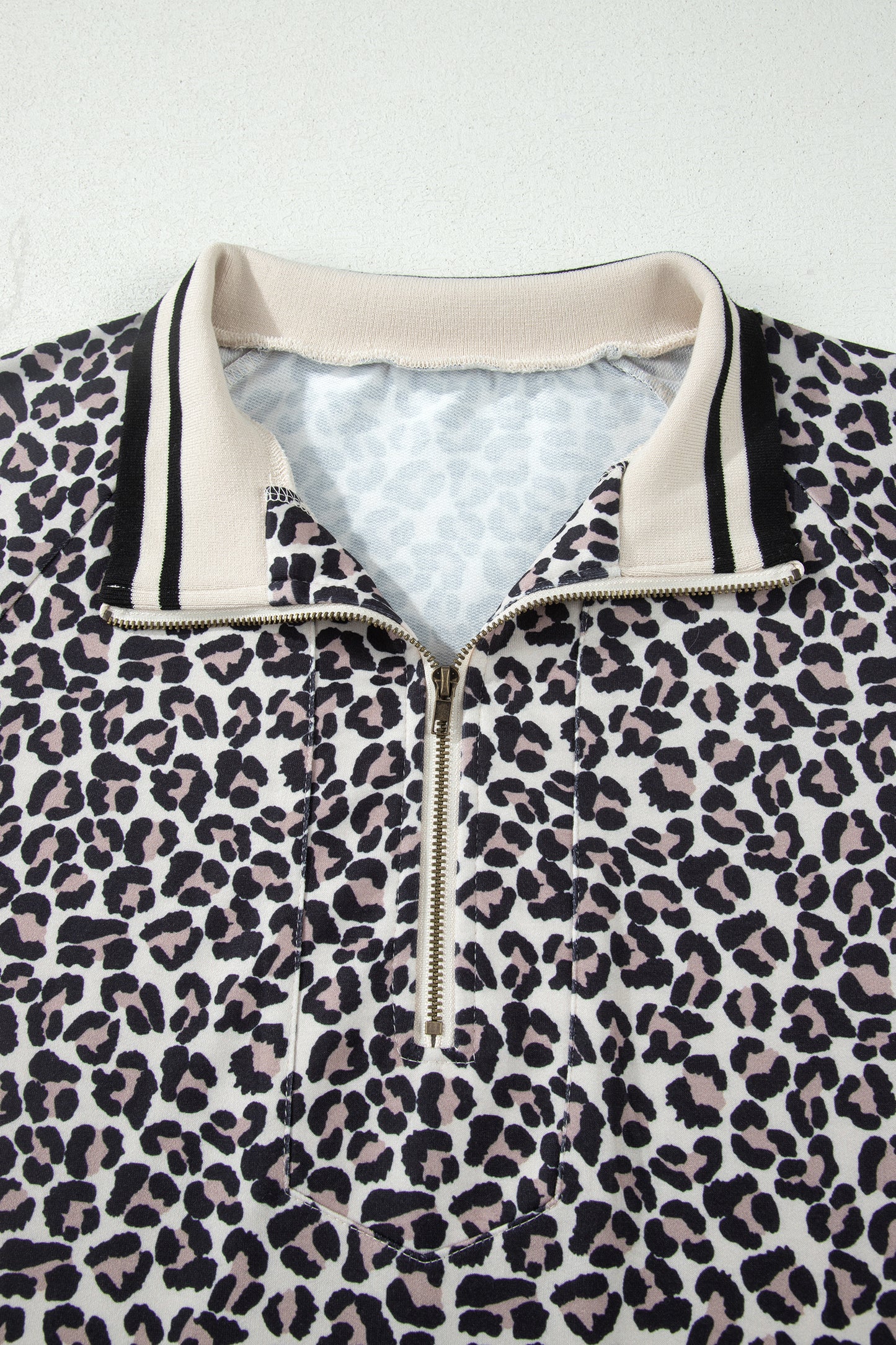 Brown Plus Size Leopard Print Striped Webbing Patchwork Half Zip Blouse-Plus Size/Plus Size Tops/Plus Size Blouses & Shirts-[Adult]-[Female]-2022 Online Blue Zone Planet