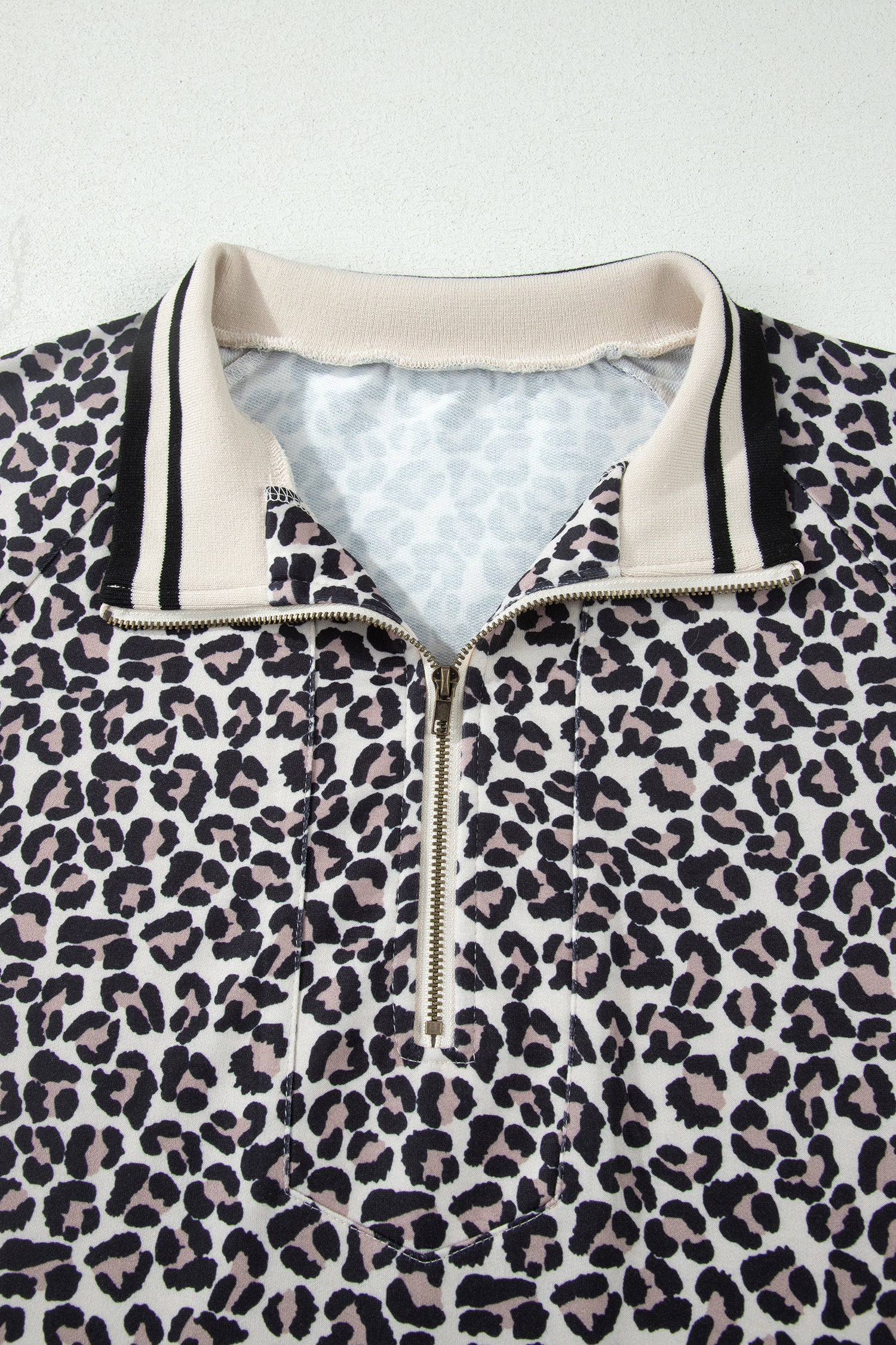 Brown Plus Size Leopard Print Striped Webbing Patchwork Half Zip Blouse-Plus Size/Plus Size Tops/Plus Size Blouses & Shirts-[Adult]-[Female]-2022 Online Blue Zone Planet