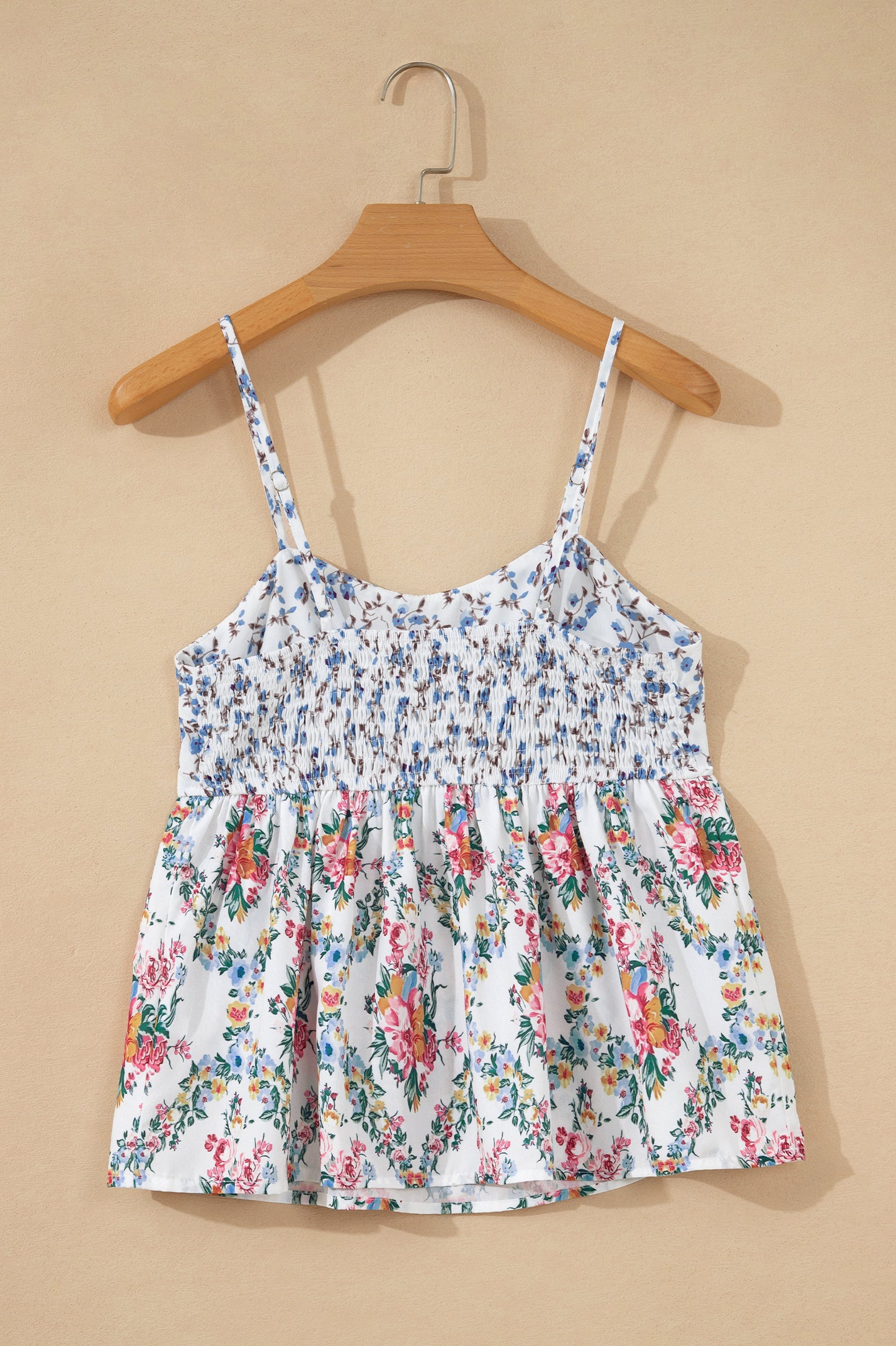 White Contrast Floral Printed Patchwork Spaghetti Straps Babydoll Top-Tops/Tank Tops-[Adult]-[Female]-2022 Online Blue Zone Planet
