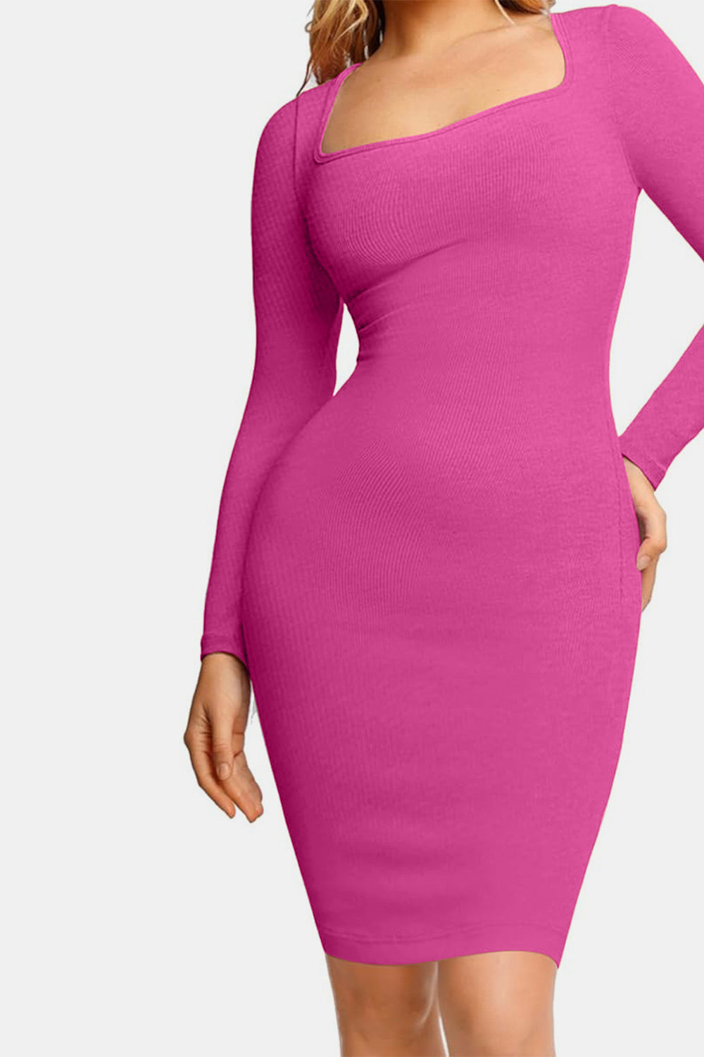 Blue Zone Planet | Basic Bae Full Size Built-In Shapewear Square Neck Long Sleeve Dress-TOPS / DRESSES-[Adult]-[Female]-2022 Online Blue Zone Planet