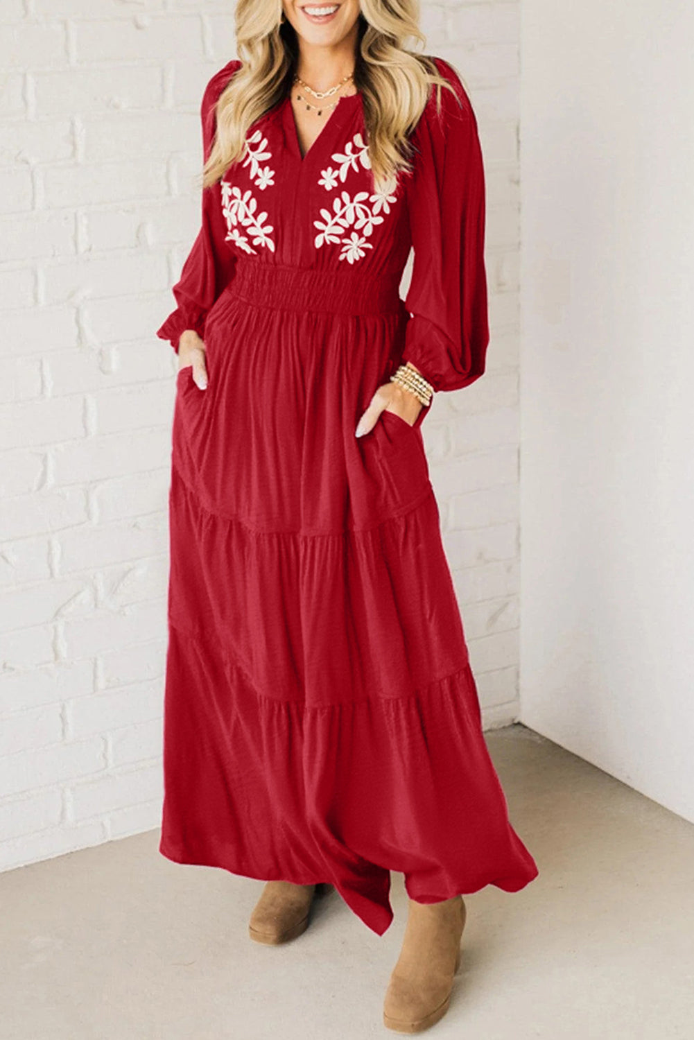Racing Red Contrast Embroidered Detail Cinched Waist Tiered Long Sleeve Maxi Dress-Dresses/Maxi Dresses-[Adult]-[Female]-Racing Red-S-2022 Online Blue Zone Planet