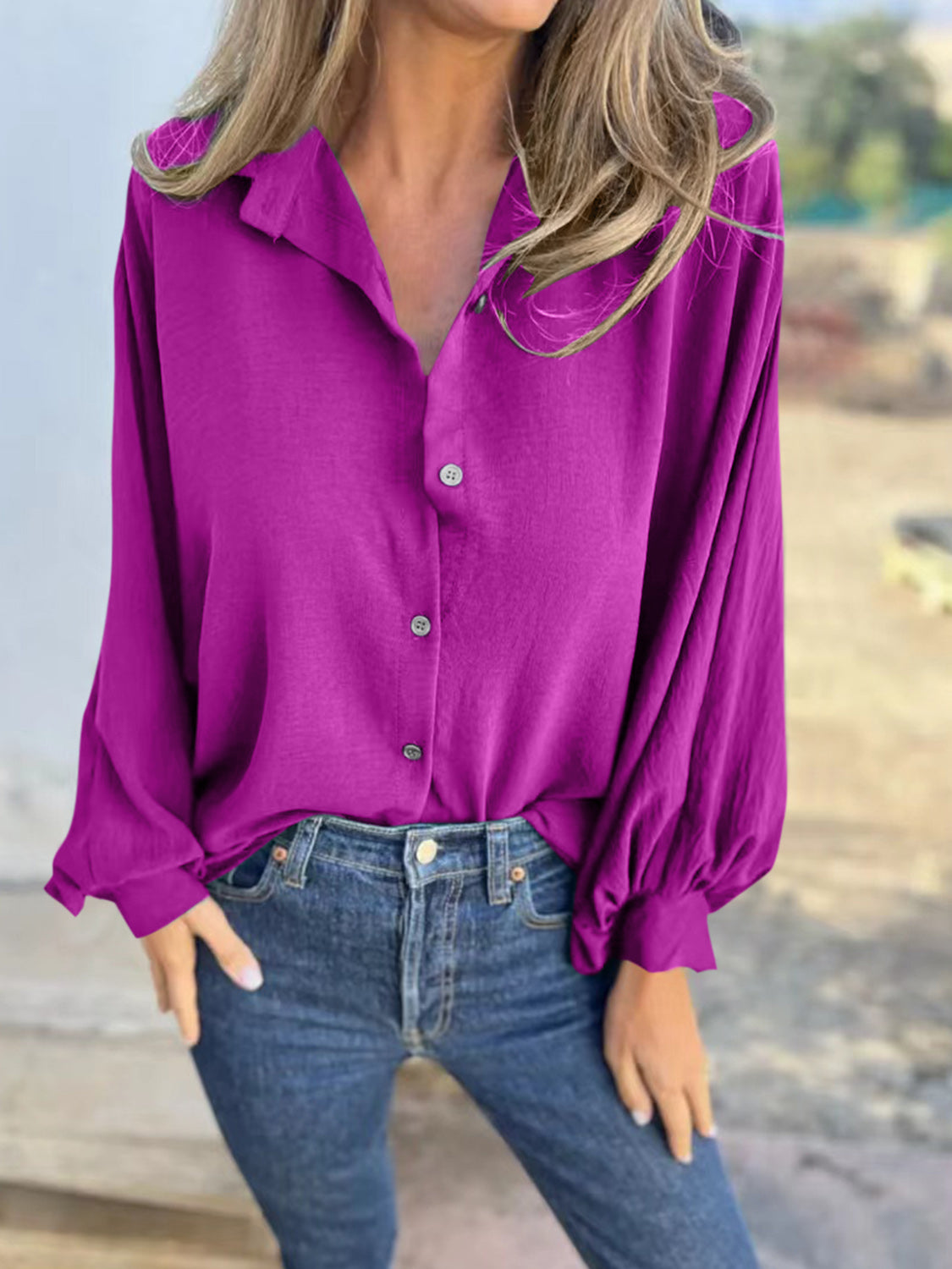 Full Size Collared Neck Long Sleeve Shirt-TOPS / DRESSES-[Adult]-[Female]-Red-Violet-S-2022 Online Blue Zone Planet