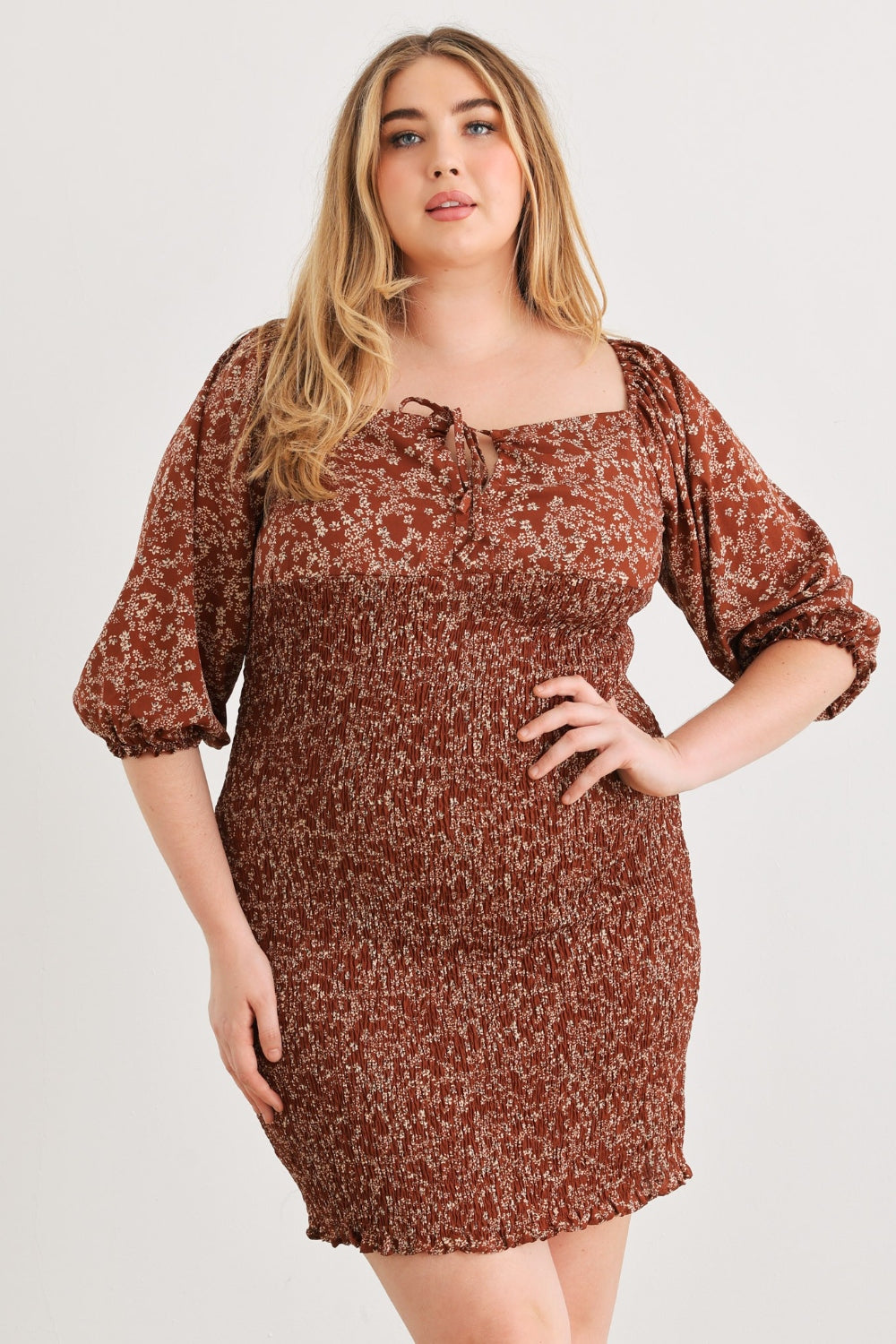 Zenobia Plus Size Smocked Printed Square Neck Mini Dress-TOPS / DRESSES-[Adult]-[Female]-2022 Online Blue Zone Planet