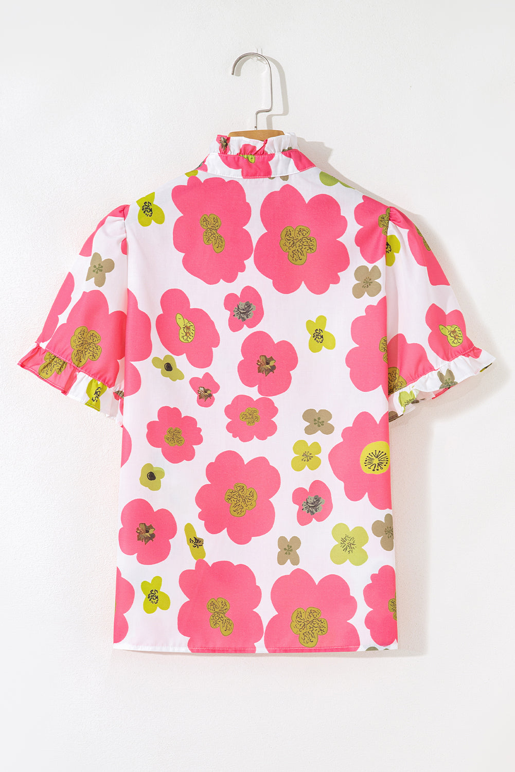 Pink Floral Ruffle Short Sleeve Striped Buttoned Collar Blouse-Tops/Blouses & Shirts-[Adult]-[Female]-2022 Online Blue Zone Planet