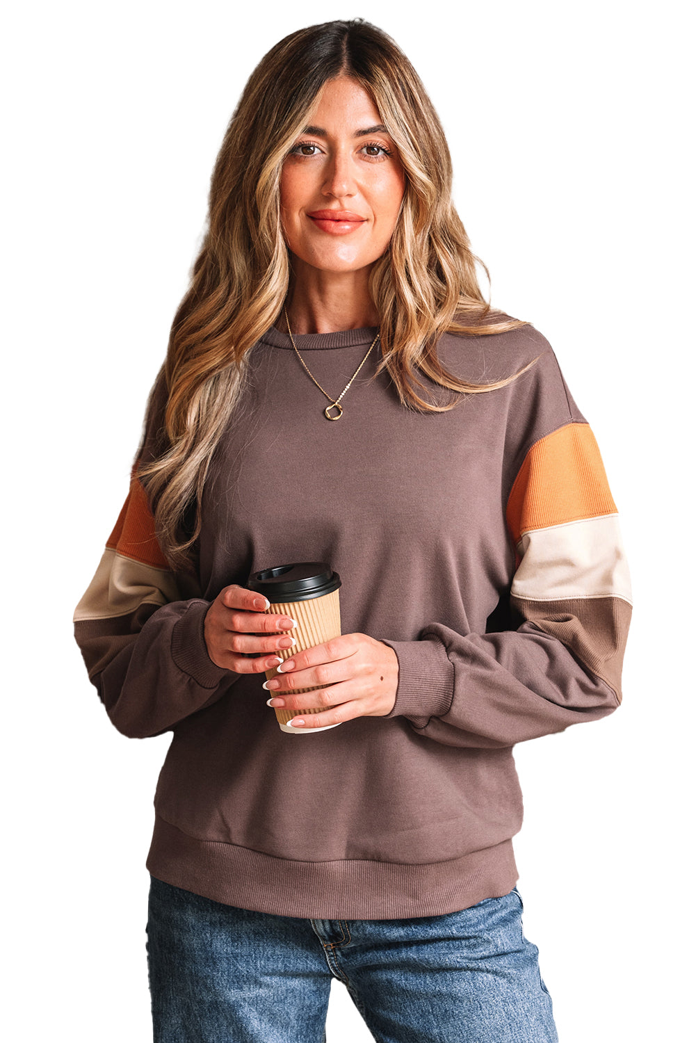 Dark Khaki Color Block Drop Shoulder Pullover Casual Sweatshirt-Tops/Sweatshirts & Hoodies-[Adult]-[Female]-2022 Online Blue Zone Planet