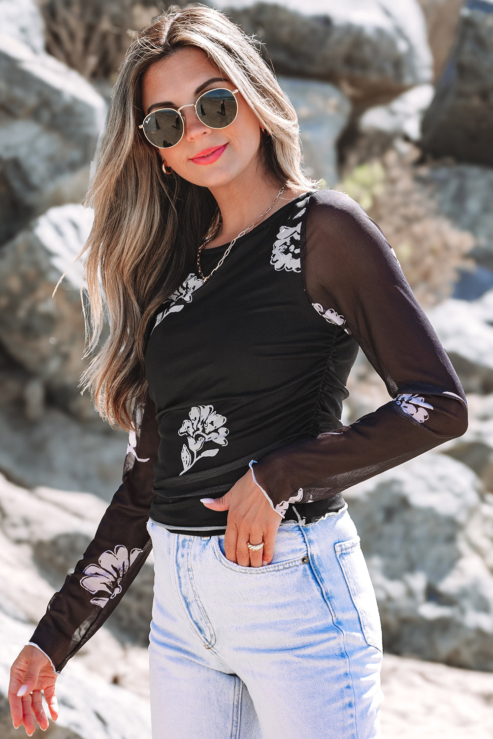 Black Floral Mesh Lettuce Edge Ruched Slim Long Sleeve Top-Tops/Long Sleeve Tops-[Adult]-[Female]-2022 Online Blue Zone Planet