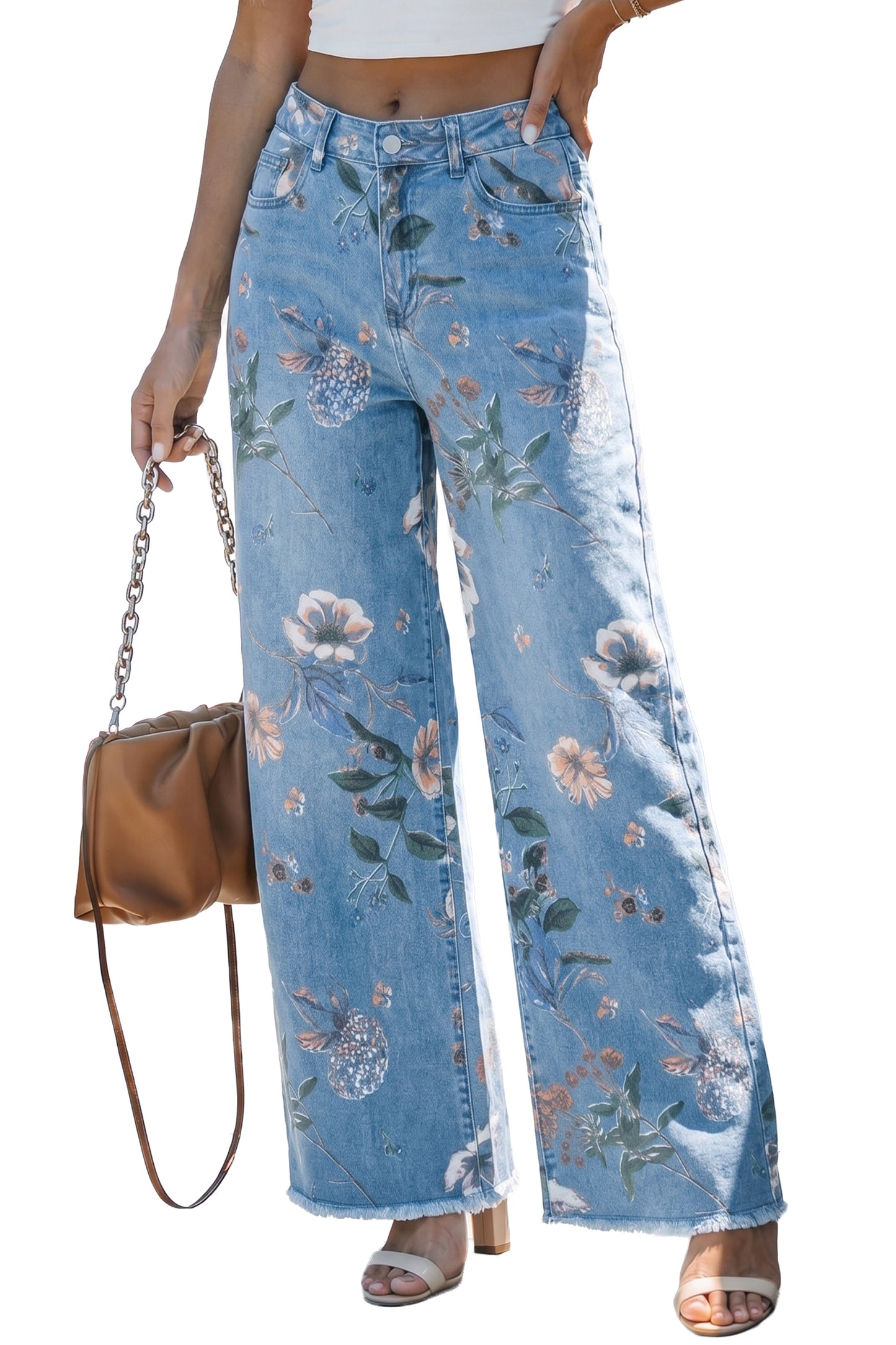 Sky Blue Retro Floral Print Frayed Hem Shift Jeans-Bottoms/Jeans-[Adult]-[Female]-2022 Online Blue Zone Planet