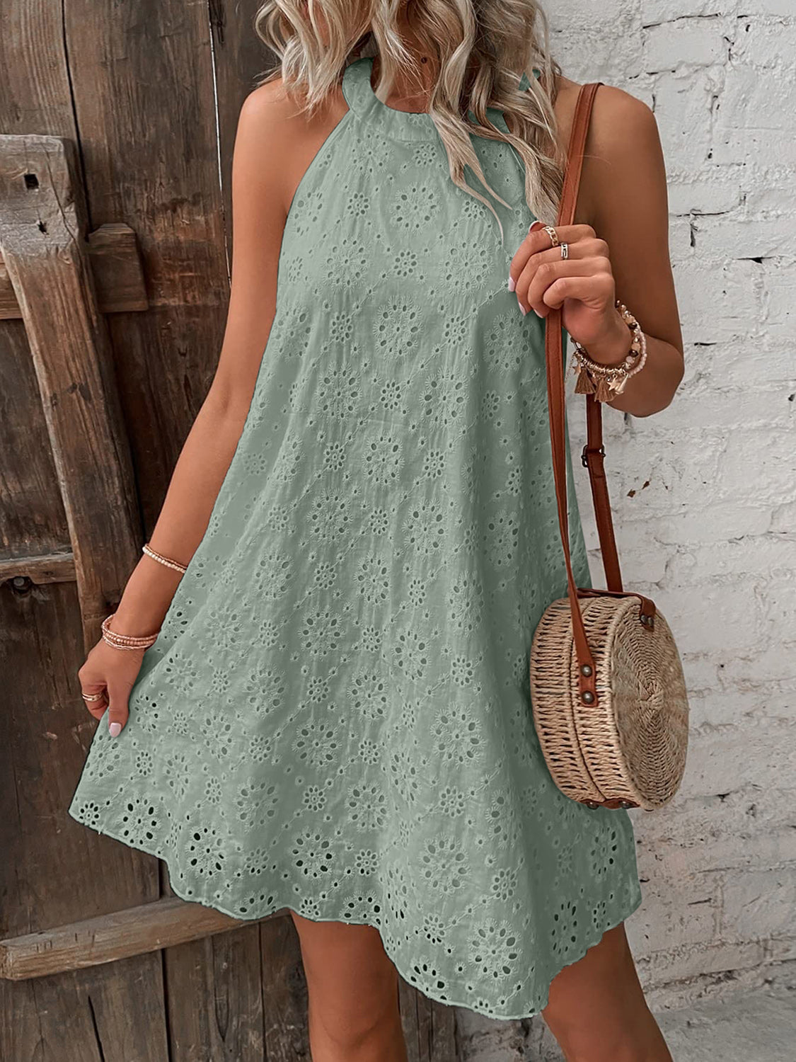 Blue Zone Planet | Eyelet Grecian Neck Mini Dress - Blue Zone Planet White / S by Blue Zone Planet Blue Zone Planet | Eyelet Grecian Neck Mini Dress - Blue Zone Planet White / S by Blue Zone Planet