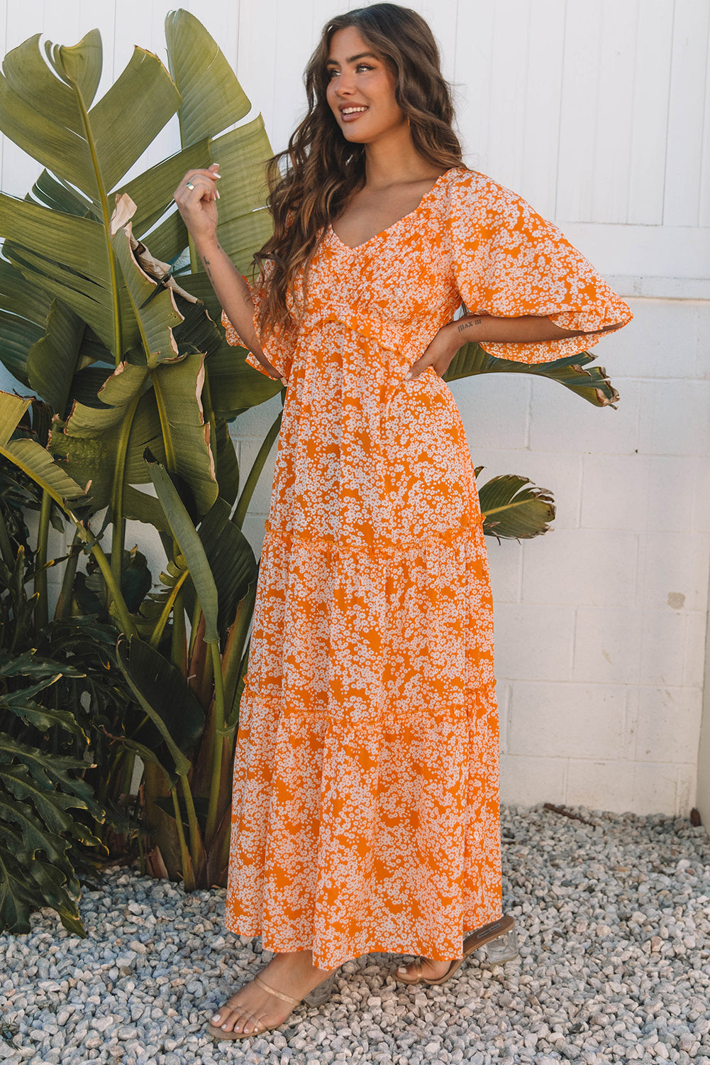 Orange Floral Print Smocked V Neck Wide Sleeve Maxi Dress-Dresses/Floral Dresses-[Adult]-[Female]-2022 Online Blue Zone Planet