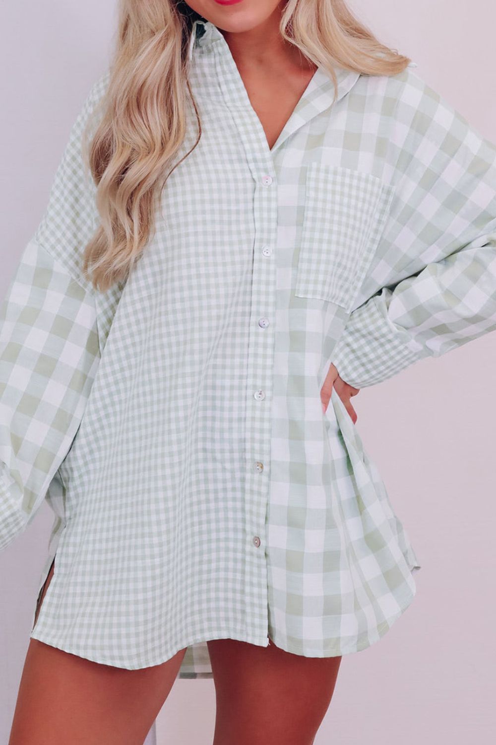 Pocketed Plaid Collared Neck Long Sleeve Shirt-TOPS / DRESSES-[Adult]-[Female]-2022 Online Blue Zone Planet