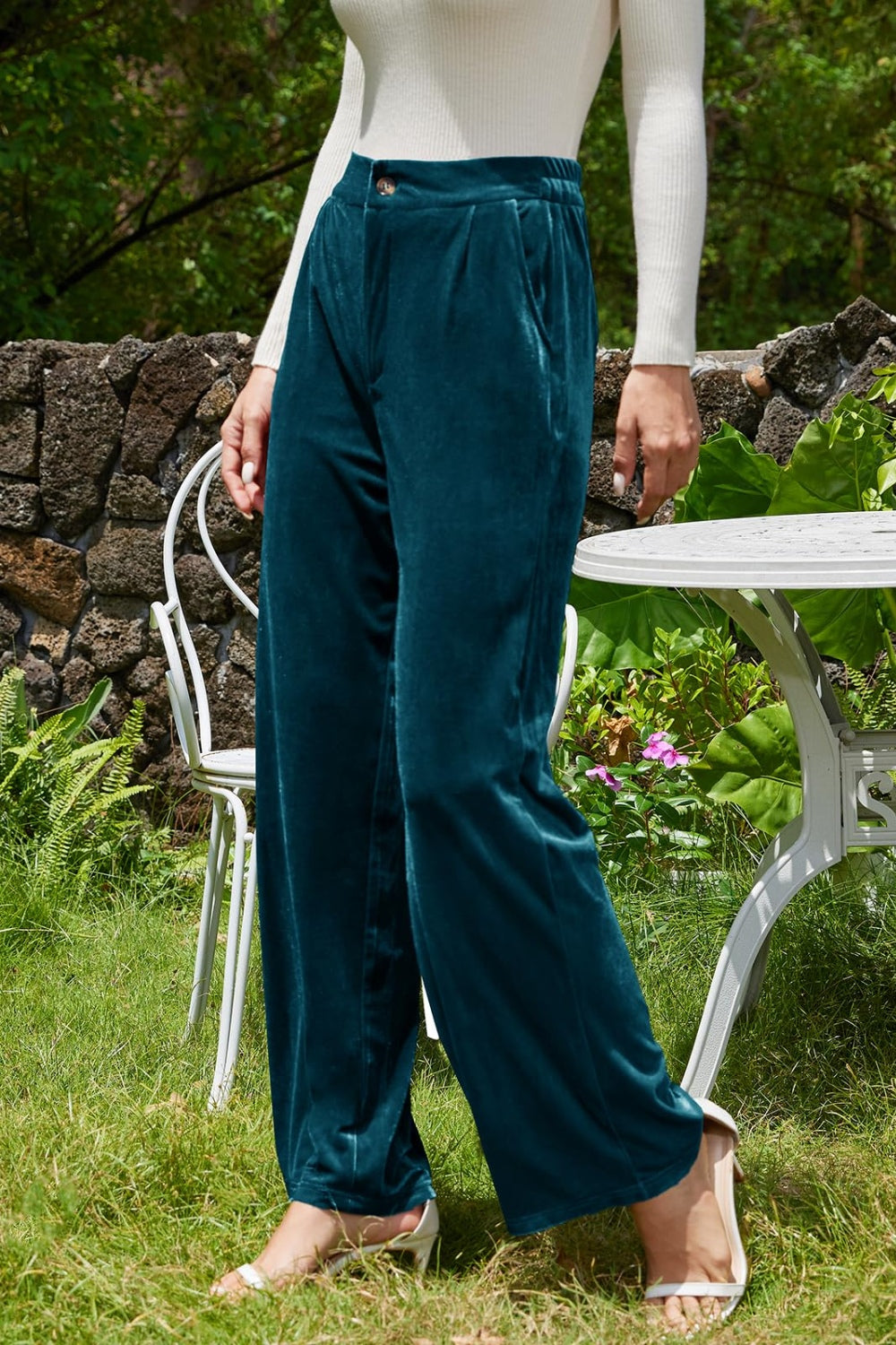 Velvet Wide Leg Pants with Pockets-BOTTOMS SIZES SMALL MEDIUM LARGE-[Adult]-[Female]-Deep Teal-S-2022 Online Blue Zone Planet