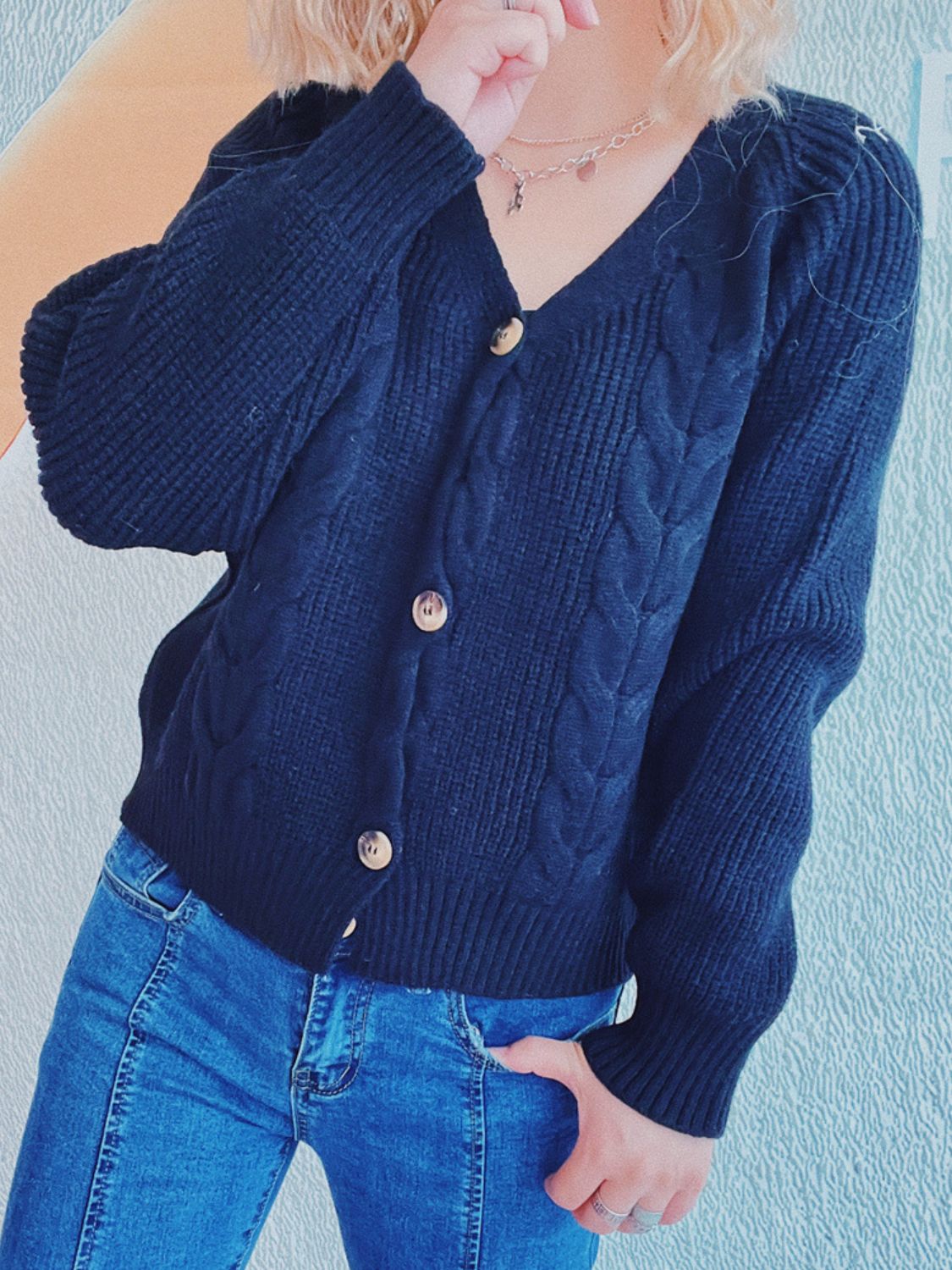 Cable-Knit V-Neck Button Down Long Sleeve Cardigan-TOPS / DRESSES-[Adult]-[Female]-2022 Online Blue Zone Planet