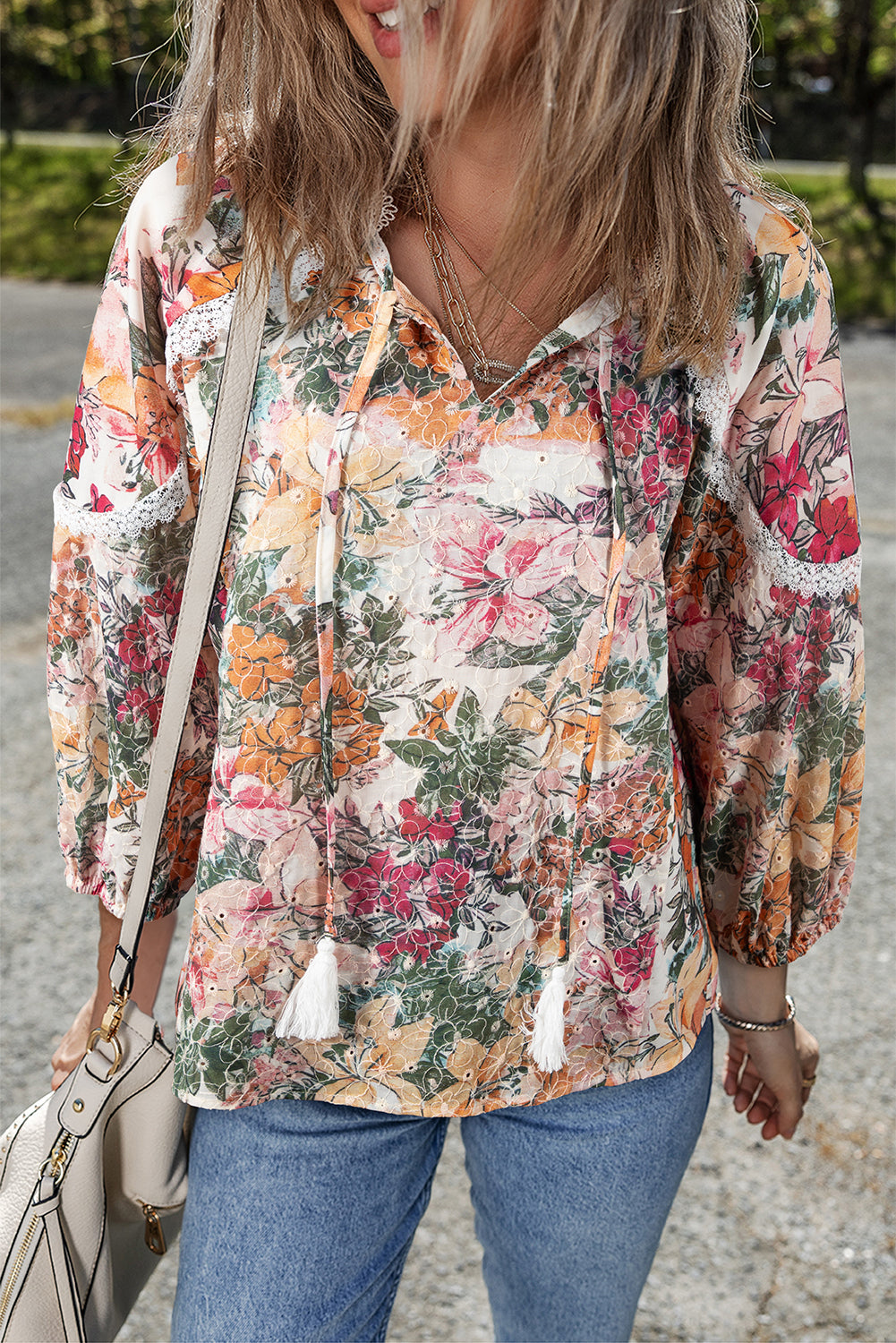 Pink Floral Print Lace Embroidery Tie Split Neck Long Sleeve Blouse-Tops/Blouses & Shirts-[Adult]-[Female]-Pink-S-2022 Online Blue Zone Planet