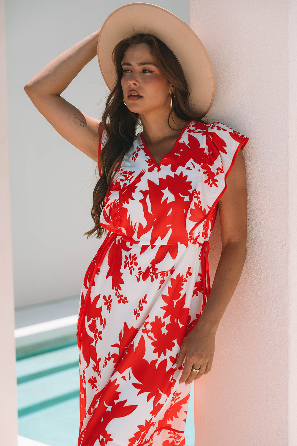 Red Floral Print Trimmed V Neck Ruffle Sleeve Long Dress-TOPS / DRESSES-[Adult]-[Female]-2022 Online Blue Zone Planet