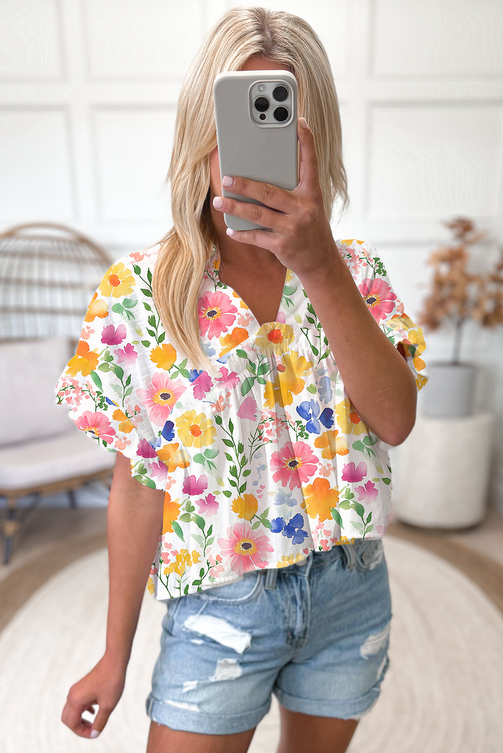 Yellow Floral Boxy Fit Ruffled Short Sleeve V Neck Blouse-Tops/Blouses & Shirts-[Adult]-[Female]-2022 Online Blue Zone Planet