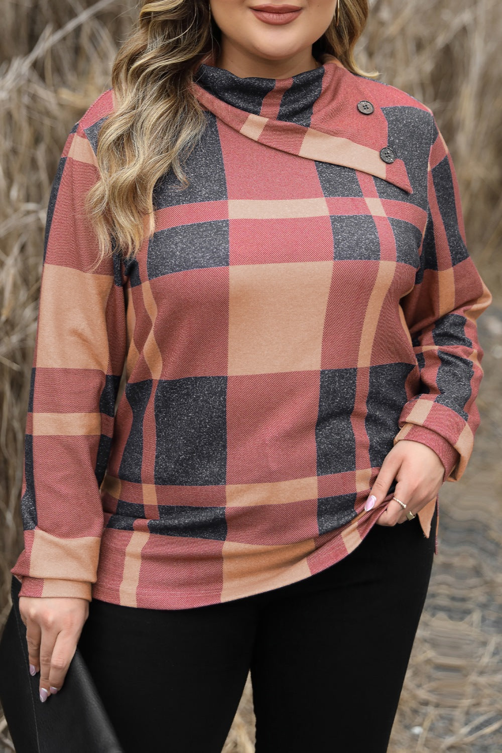 Plus Size Plaid Cowl Neck Long Sleeve Sweatshirt-TOPS / DRESSES-[Adult]-[Female]-Plaid-1XL-2022 Online Blue Zone Planet