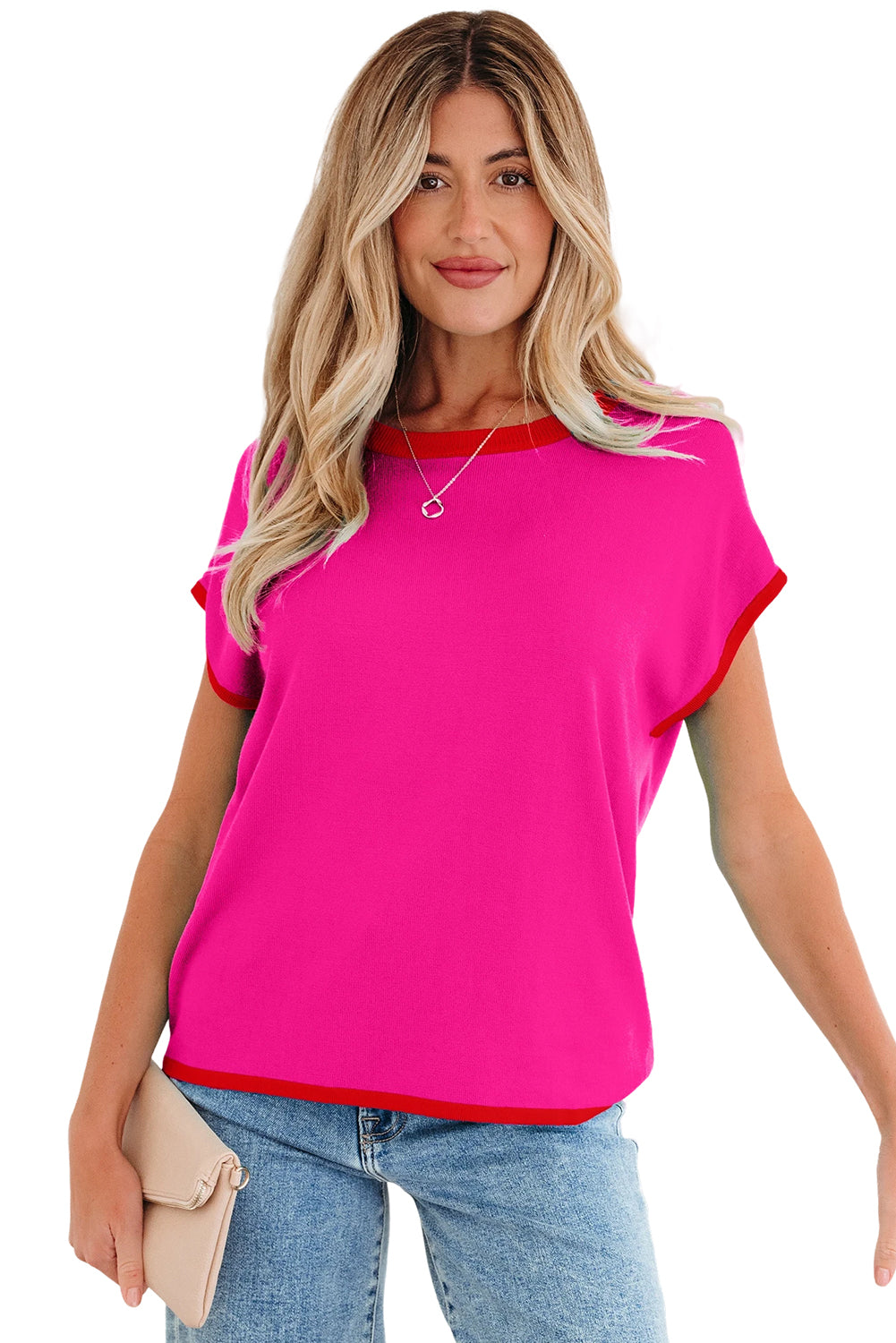 Rose Red Contrast Trim Round Neck Short Sleeve Loose Knit Sweater-TOPS / DRESSES-[Adult]-[Female]-2022 Online Blue Zone Planet