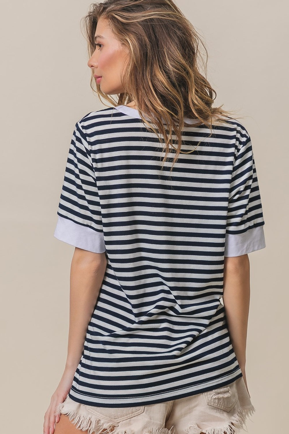 BiBi Contrast Striped Notched Knit Top-TOPS / DRESSES-[Adult]-[Female]-2022 Online Blue Zone Planet