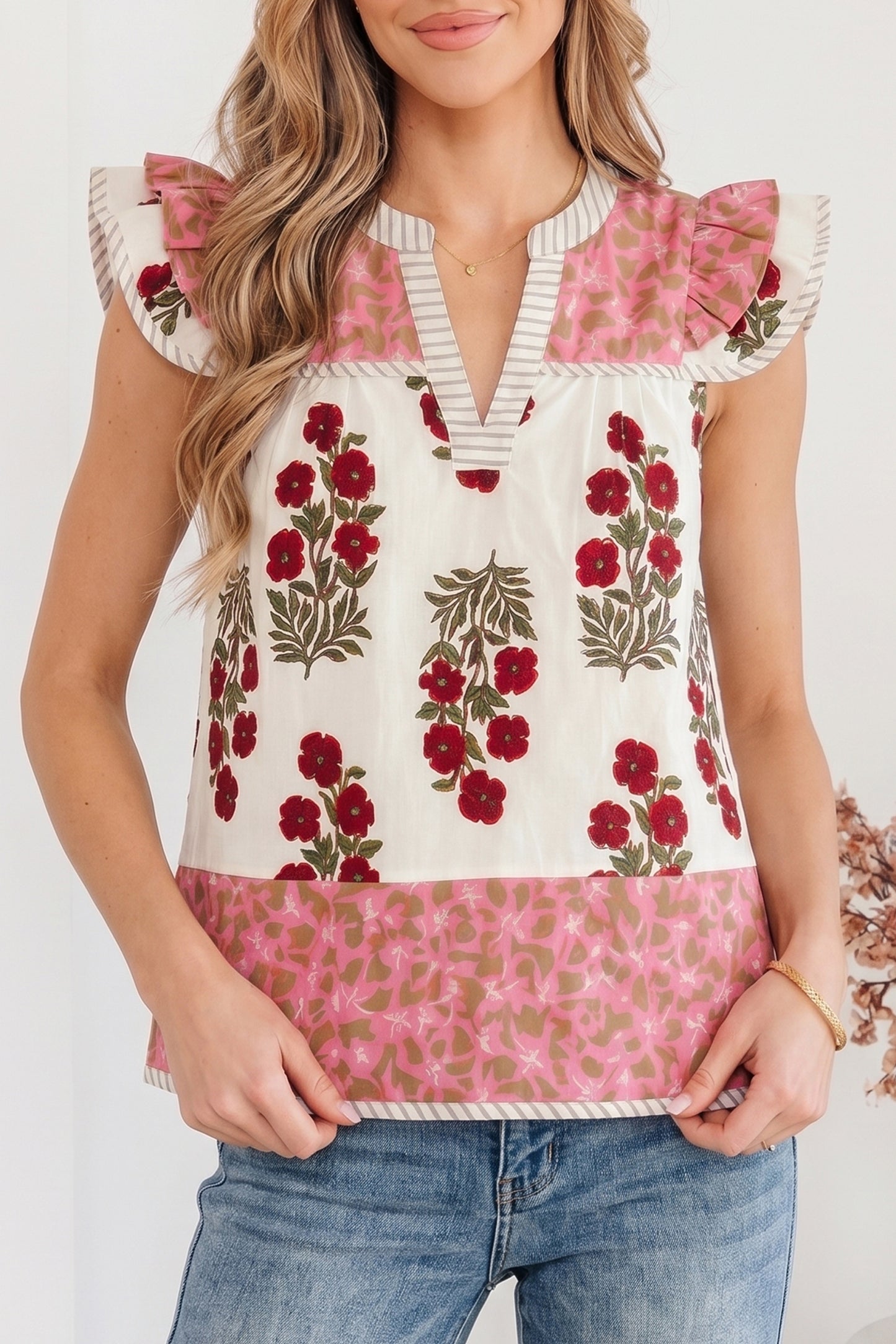 White Floral Print Contrast Striped Trim Flutter Cotton Blouse-Tops/Blouses & Shirts-[Adult]-[Female]-2022 Online Blue Zone Planet