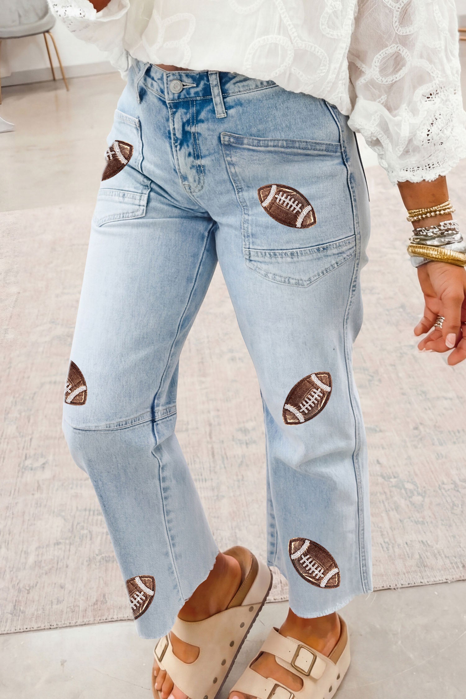 Beau Blue Sequin Detail Patched Rugby Pattern Raw Hem Shift Jeans-Graphic/Graphic Pants-[Adult]-[Female]-Beau Blue-4-2022 Online Blue Zone Planet