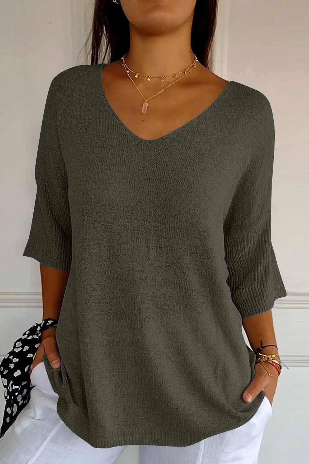 V-Neck Three-Quarter Sleeve Knit Top-TOPS / DRESSES-[Adult]-[Female]-Dark Gray-One Size-2022 Online Blue Zone Planet