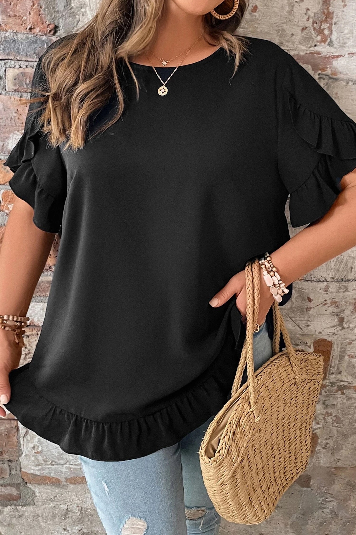 Black Solid Color Ruffle Trim Petal Sleeve Plus Size Tee-Plus Size/Plus Size Tops/Plus Size Blouses & Shirts-[Adult]-[Female]-Black-1X-2022 Online Blue Zone Planet