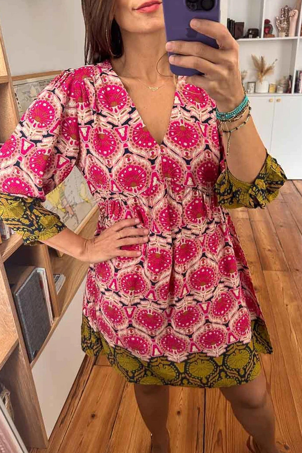 Strawberry Pink Retro Printed V Neck Bracelet Sleeve Dress-TOPS / DRESSES-[Adult]-[Female]-Strawberry Pink-S-2022 Online Blue Zone Planet