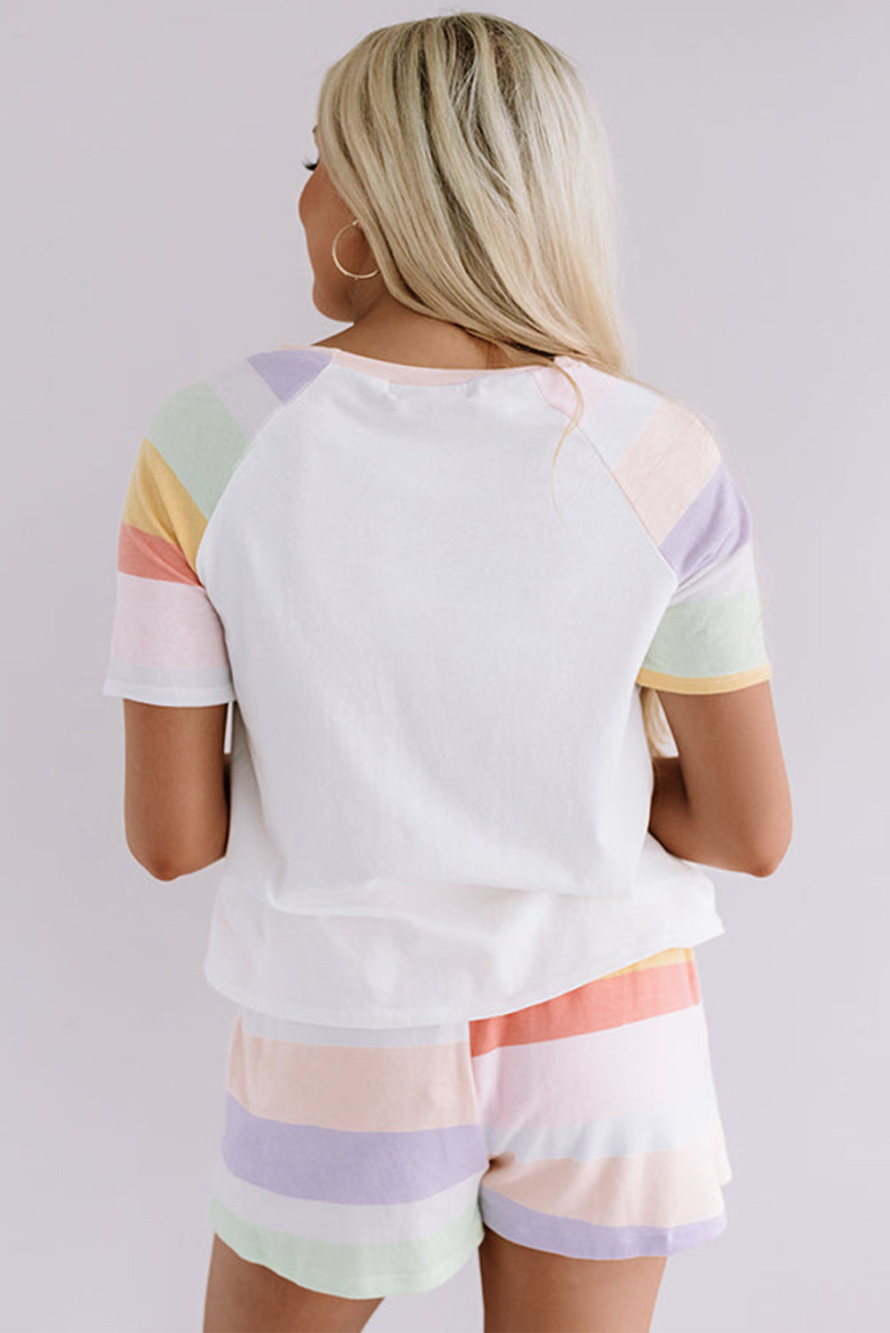 White Rainbow Striped T Shirt and Shorts Set-Two Piece Sets/Short Sets-[Adult]-[Female]-2022 Online Blue Zone Planet