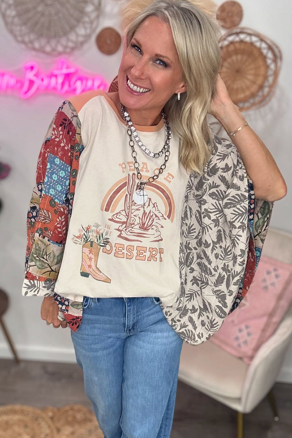 Multicolour Asymmetric Printed Patchwork Sleeve Peace Desert Graphic Top