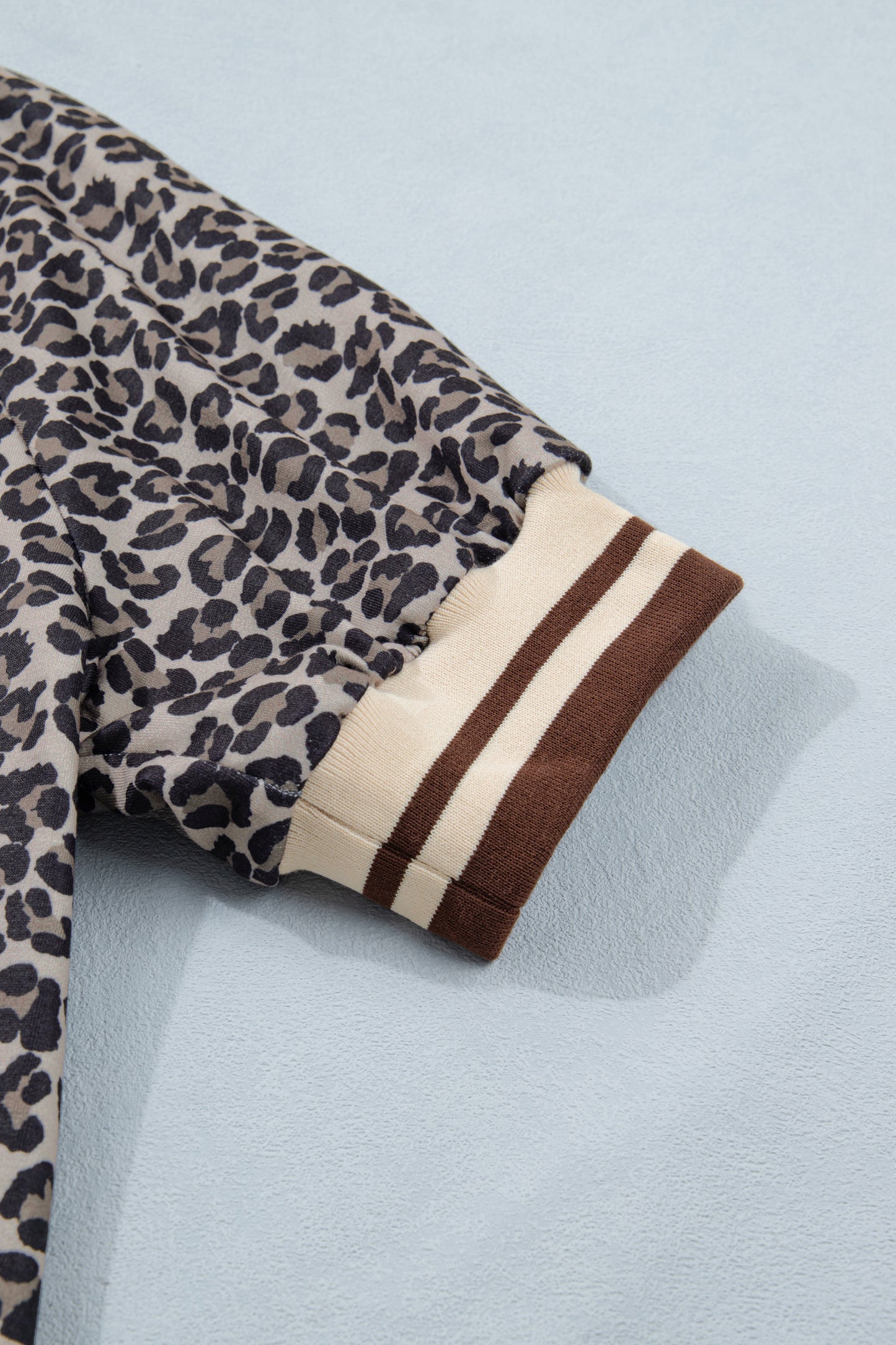 Khaki Leopard Print Half Zip Striped Trim Patchwork Short Sleeve Top-Tops/Blouses & Shirts-[Adult]-[Female]-2022 Online Blue Zone Planet