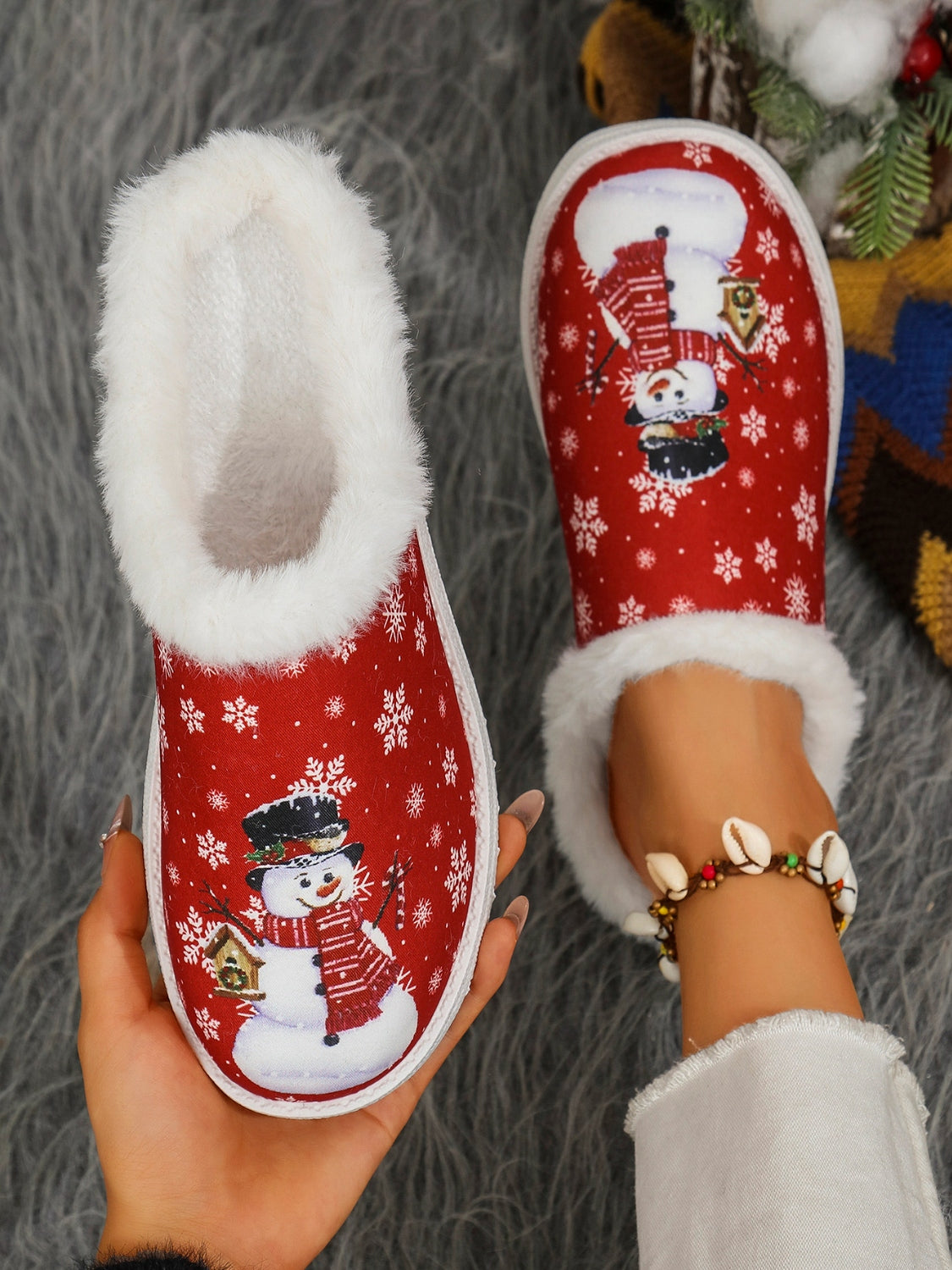 Snowman Print Flat Slippers with Faux Fur-SHOES-[Adult]-[Female]-2022 Online Blue Zone Planet