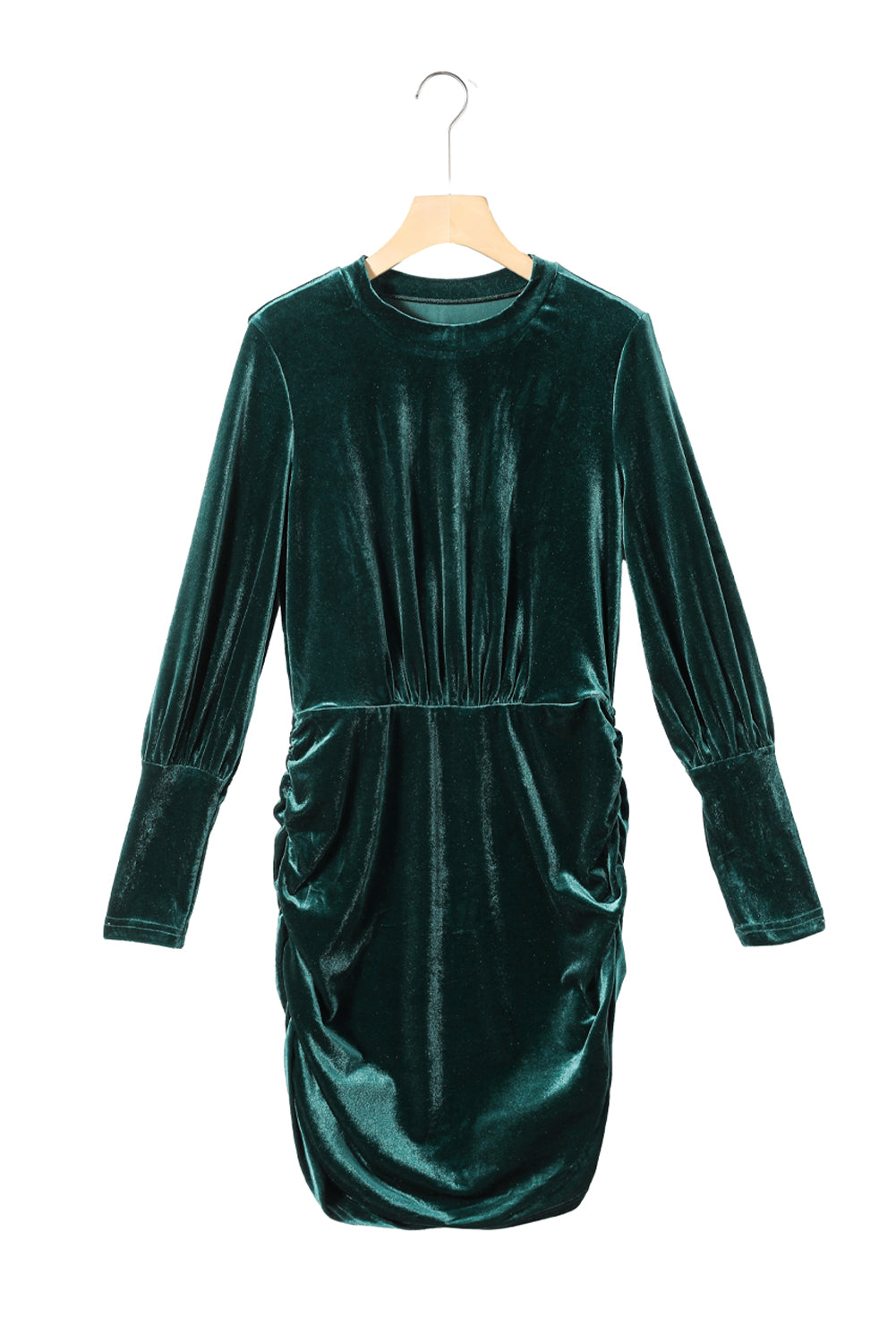 Blue Zone Planet |  Green Velvet Puff Sleeve Ruched Bodycon Dress Blue Zone Planet