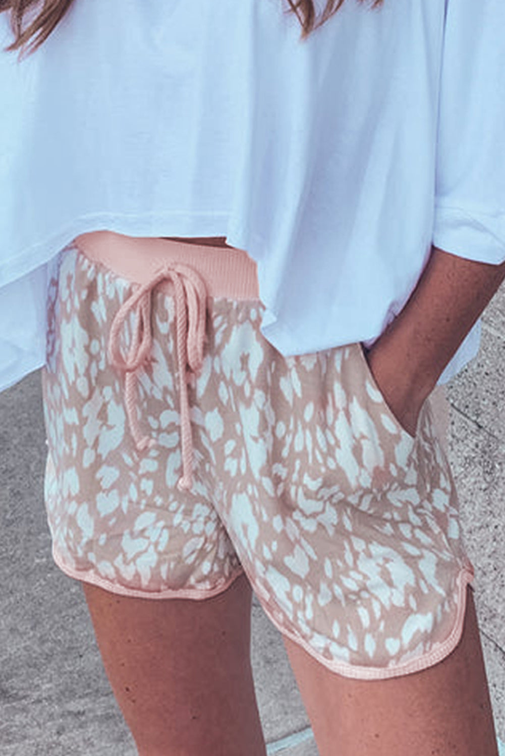 Khaki Classic Leopard Arched Hem Elastic Waist Casual Shorts-Bottoms/Casual Shorts-[Adult]-[Female]-2022 Online Blue Zone Planet