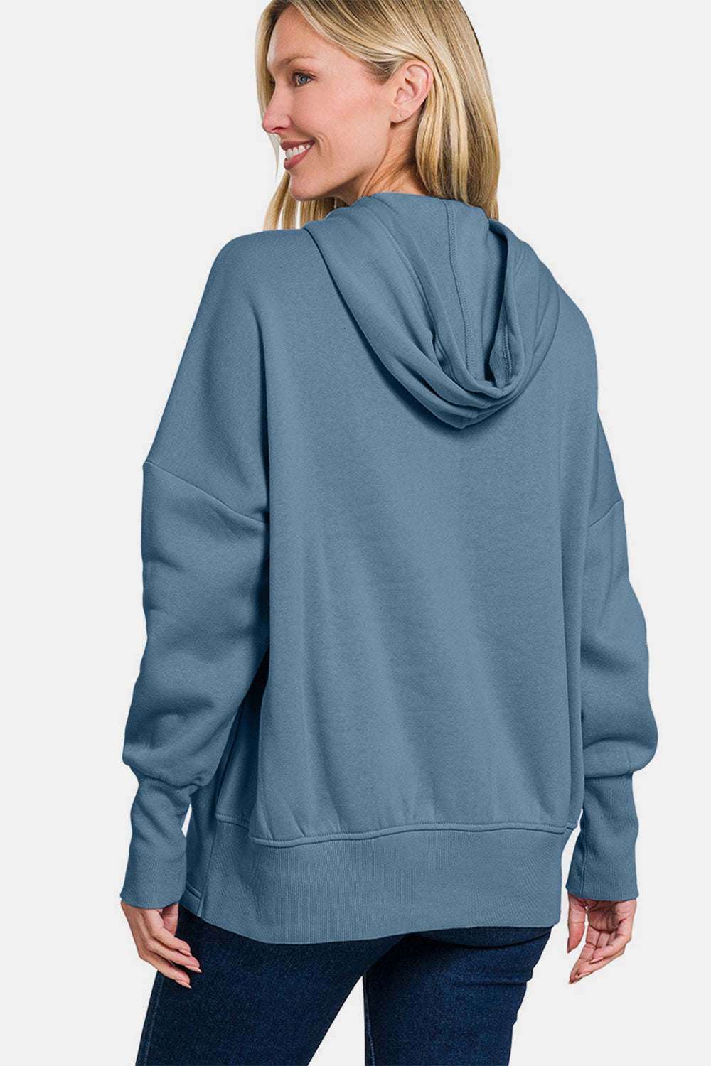 Blue Zone Planet | Zenana Half Snap Long Sleeve Hoodie with Kangaroo Pocket-Tops / Dresses-[Adult]-[Female]-2022 Online Blue Zone Planet