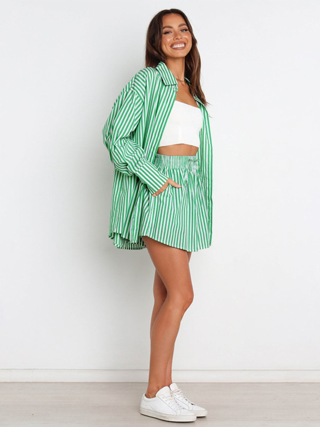 Blue Zone Planet | Striped Dropped Shoulder Shirt and Shorts Set-TOPS / DRESSES-[Adult]-[Female]-2022 Online Blue Zone Planet