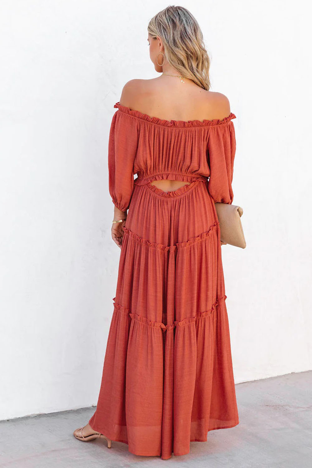 Blue Zone Planet | Orange Off Shoulder Balloon Sleeve Cutout Ruffled Maxi Dress-TOPS / DRESSES-[Adult]-[Female]-2022 Online Blue Zone Planet