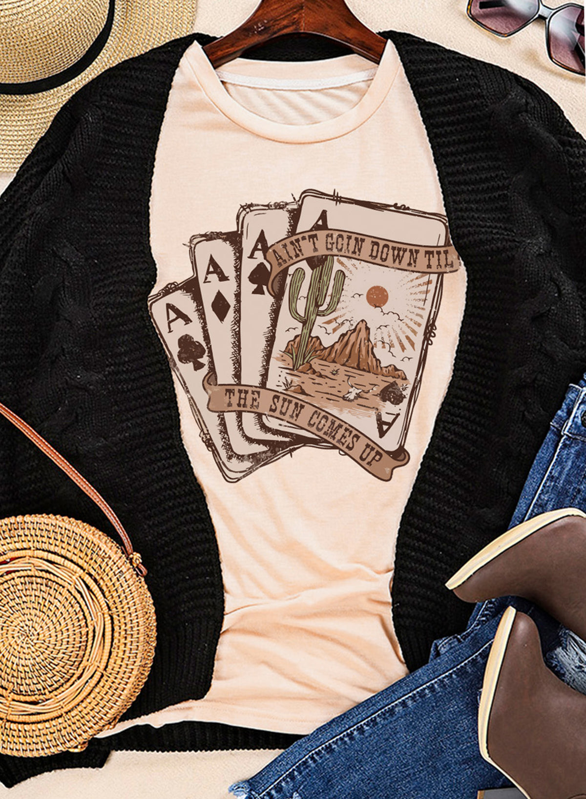Khaki Western Poker Cards Graphic T Shirt-Graphic/Graphic Tees-[Adult]-[Female]-2022 Online Blue Zone Planet