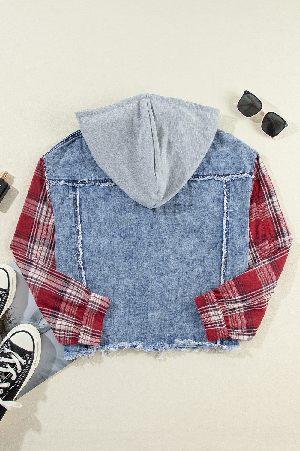 Raw Hem Drawstring Plaid Denim Jacket-TOPS / DRESSES-[Adult]-[Female]-2022 Online Blue Zone Planet