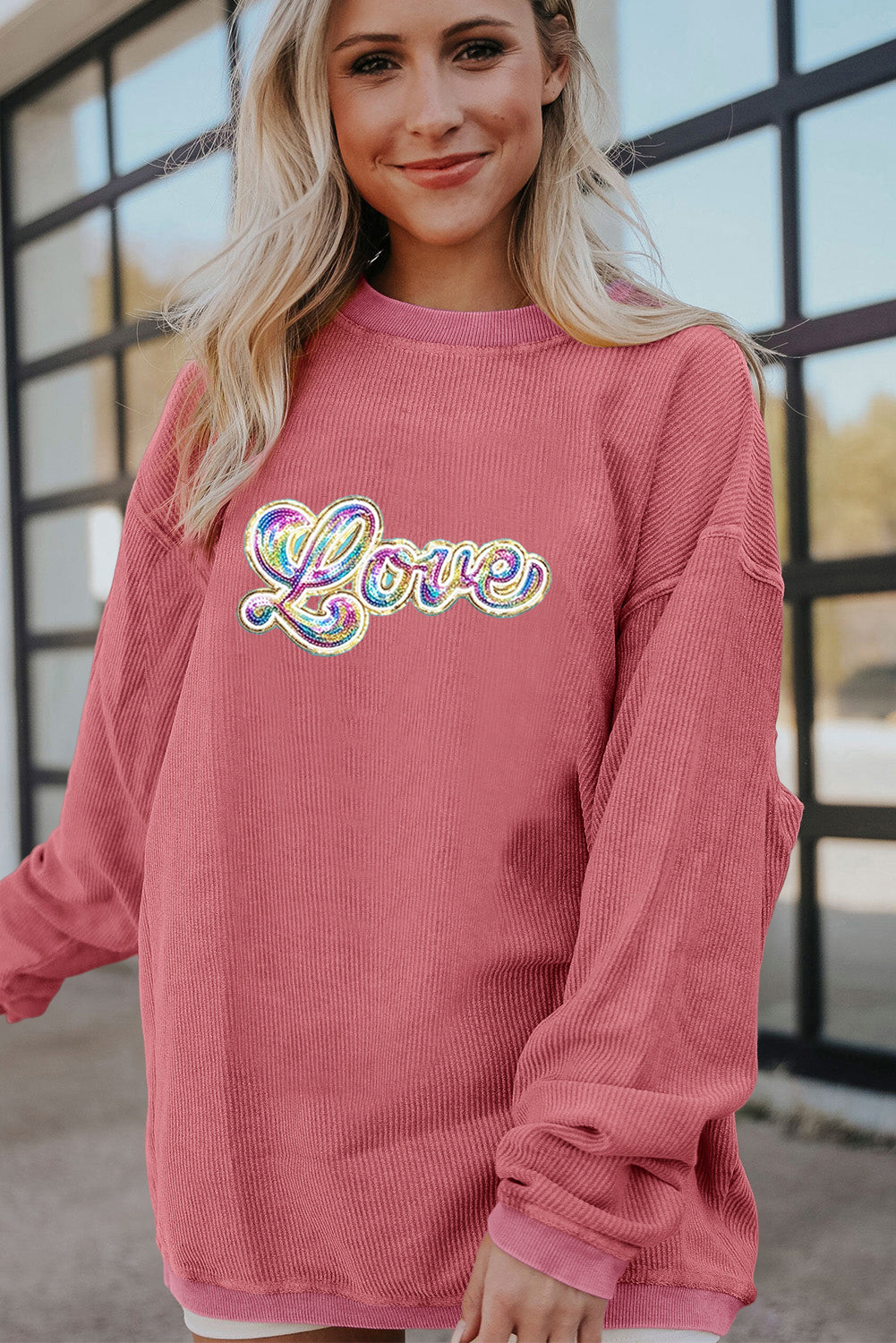 Strawberry Pink Sequin Love Graphic Corded Valentines Sweatshirt-Graphic Sweatshirts-[Adult]-[Female]-2022 Online Blue Zone Planet