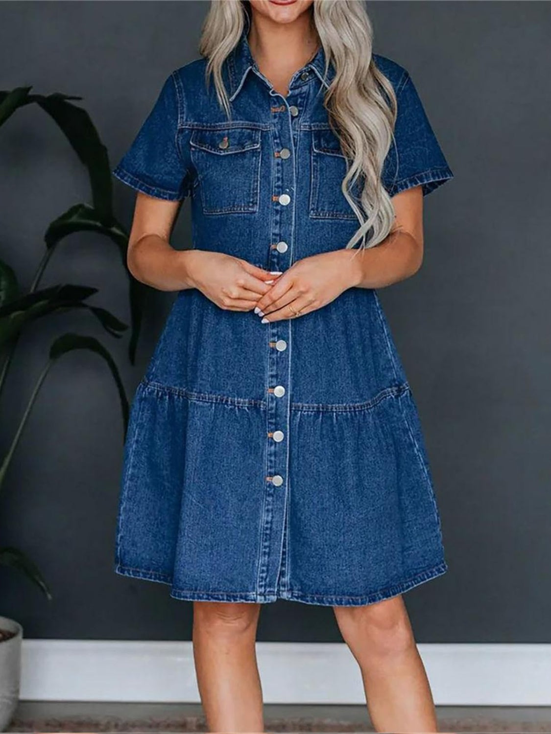 Pocketed Button Up Collared Neck Short Sleeve Denim Dress-TOPS / DRESSES-[Adult]-[Female]-Navy-S-2022 Online Blue Zone Planet