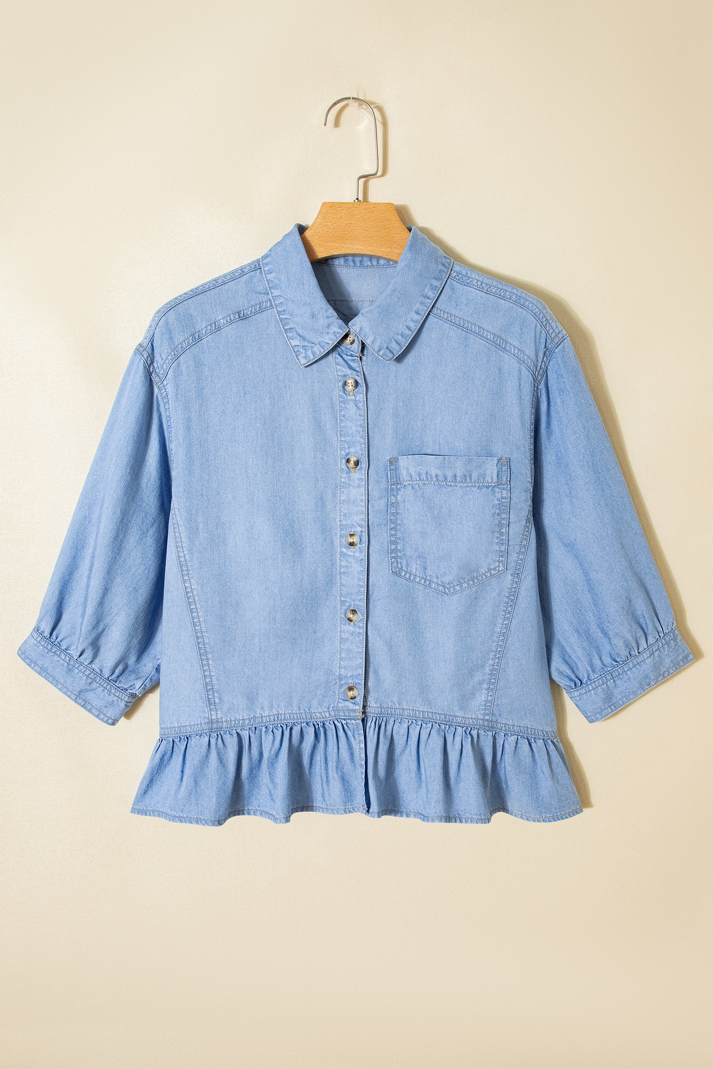 Beau Blue Half Sleeve Button Down Ruffled High Low Chambray Shirt-Tops/Blouses & Shirts-[Adult]-[Female]-2022 Online Blue Zone Planet