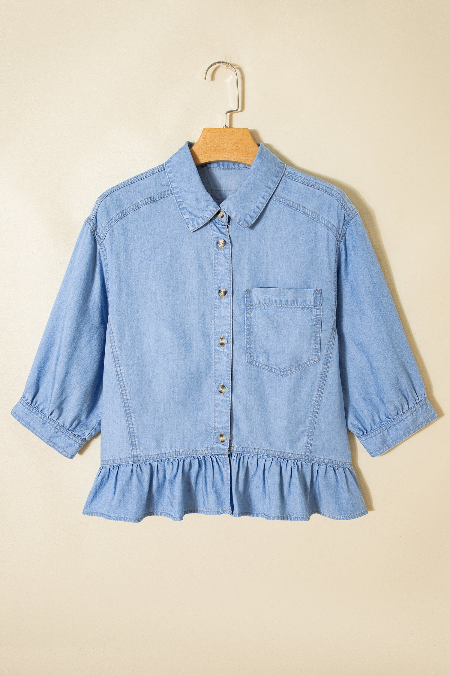 Beau Blue Half Sleeve Button Down Ruffled High Low Chambray Shirt-Tops/Blouses & Shirts-[Adult]-[Female]-2022 Online Blue Zone Planet
