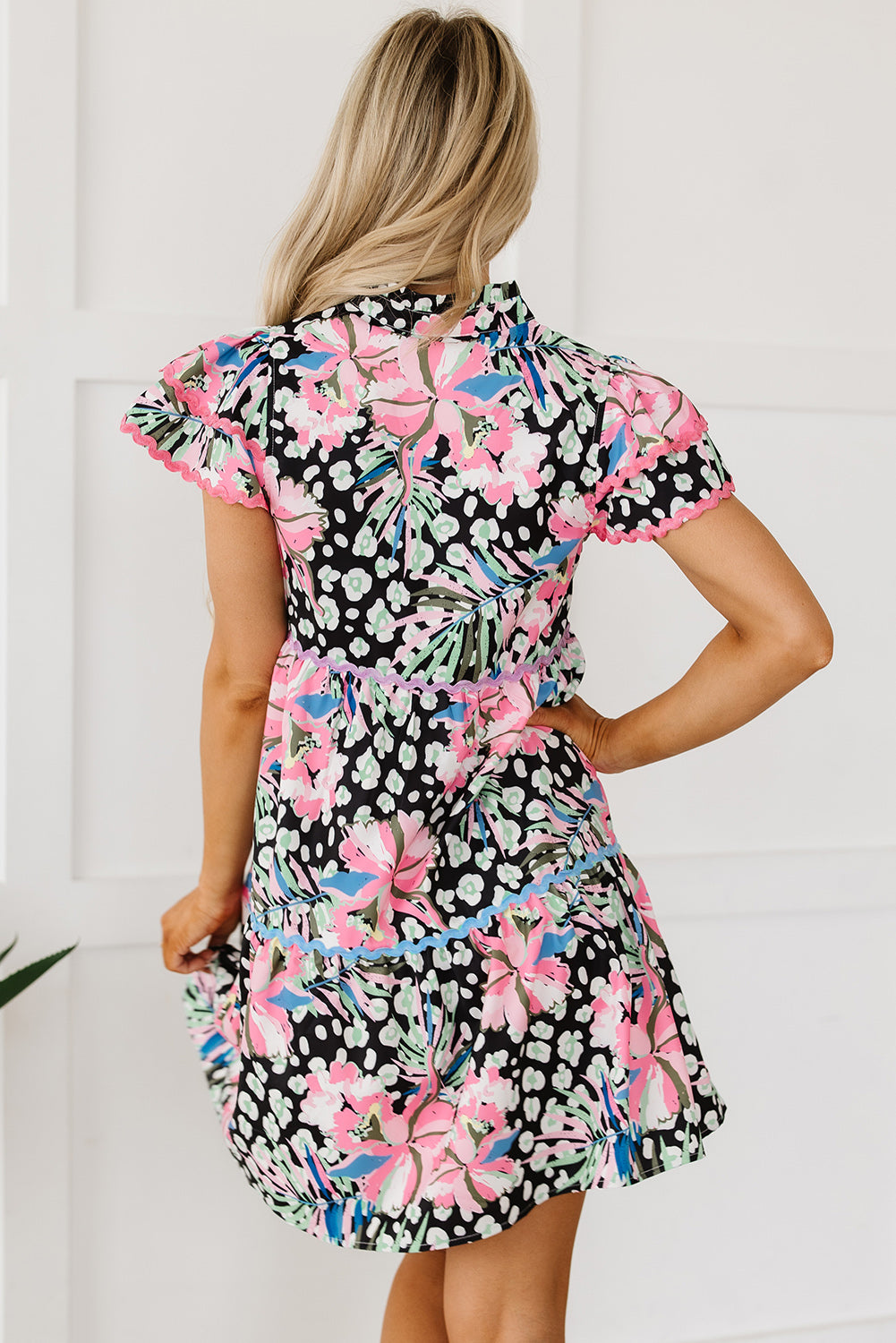 Blue Zone Planet |  Pink Floral Ricrac Embellished Tiered Mini Dress Blue Zone Planet