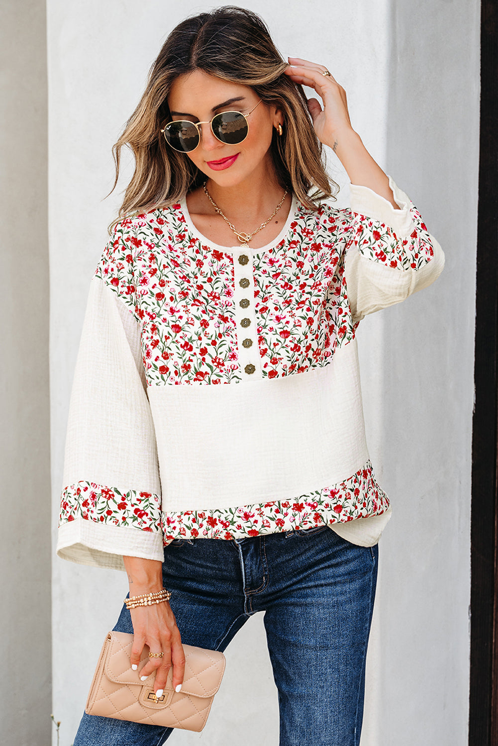 Red Floral Print Gauze Patchwork Henley Button 3/4 Sleeve Blouse-Tops/Blouses & Shirts-[Adult]-[Female]-2022 Online Blue Zone Planet